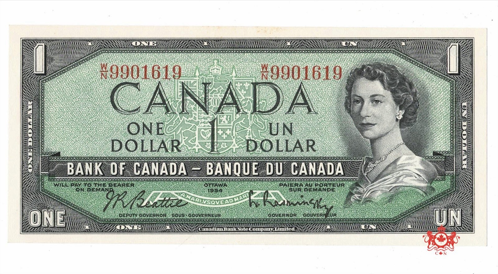 1954 Bank Of Canada 1$ Modified Beattie/Rasminsky W/N9901619 - UNC - BC-37b