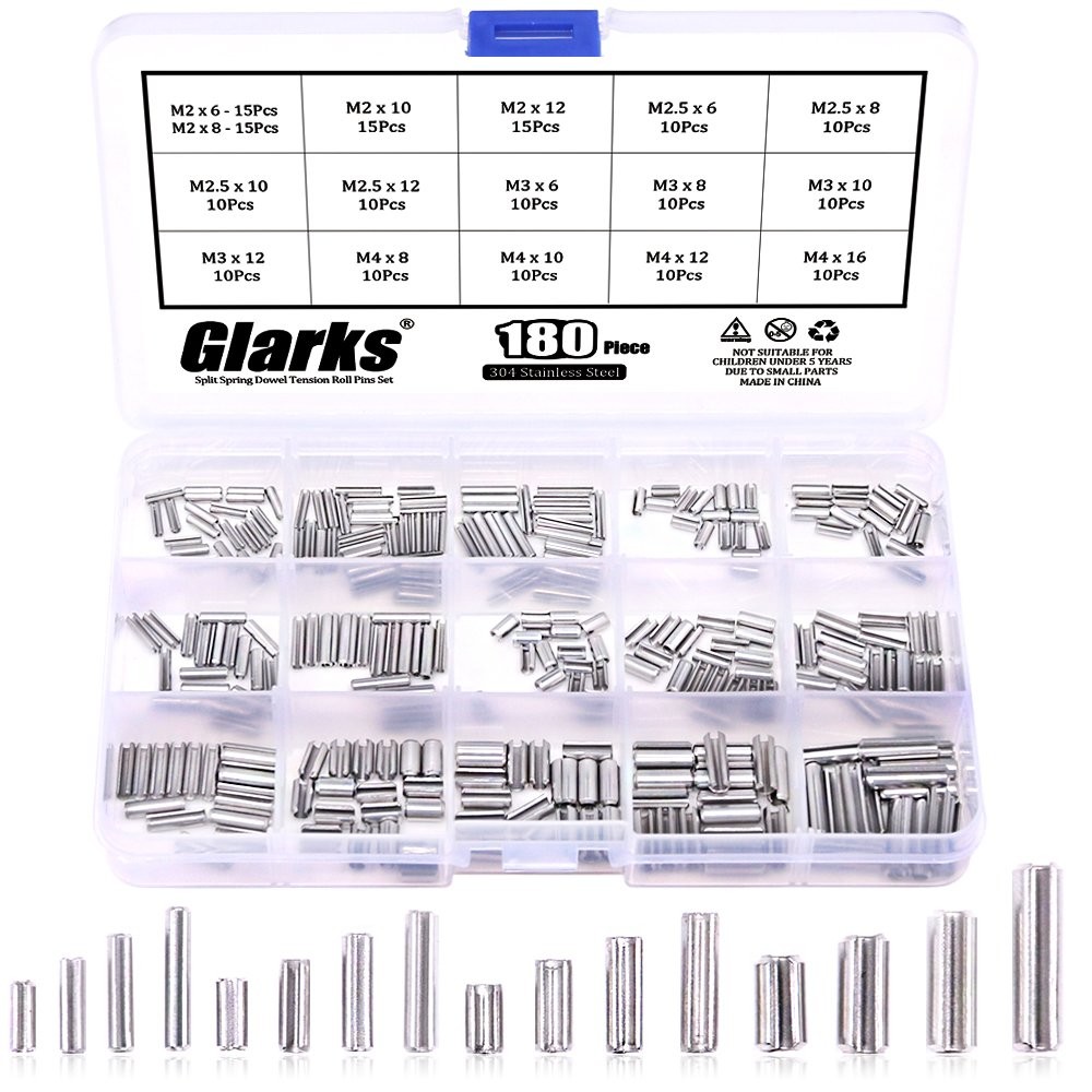Glarks 180Pcs M2 M2.5 M3 M4 Slotted Spring Pin Assortment Kit, Split Spring...