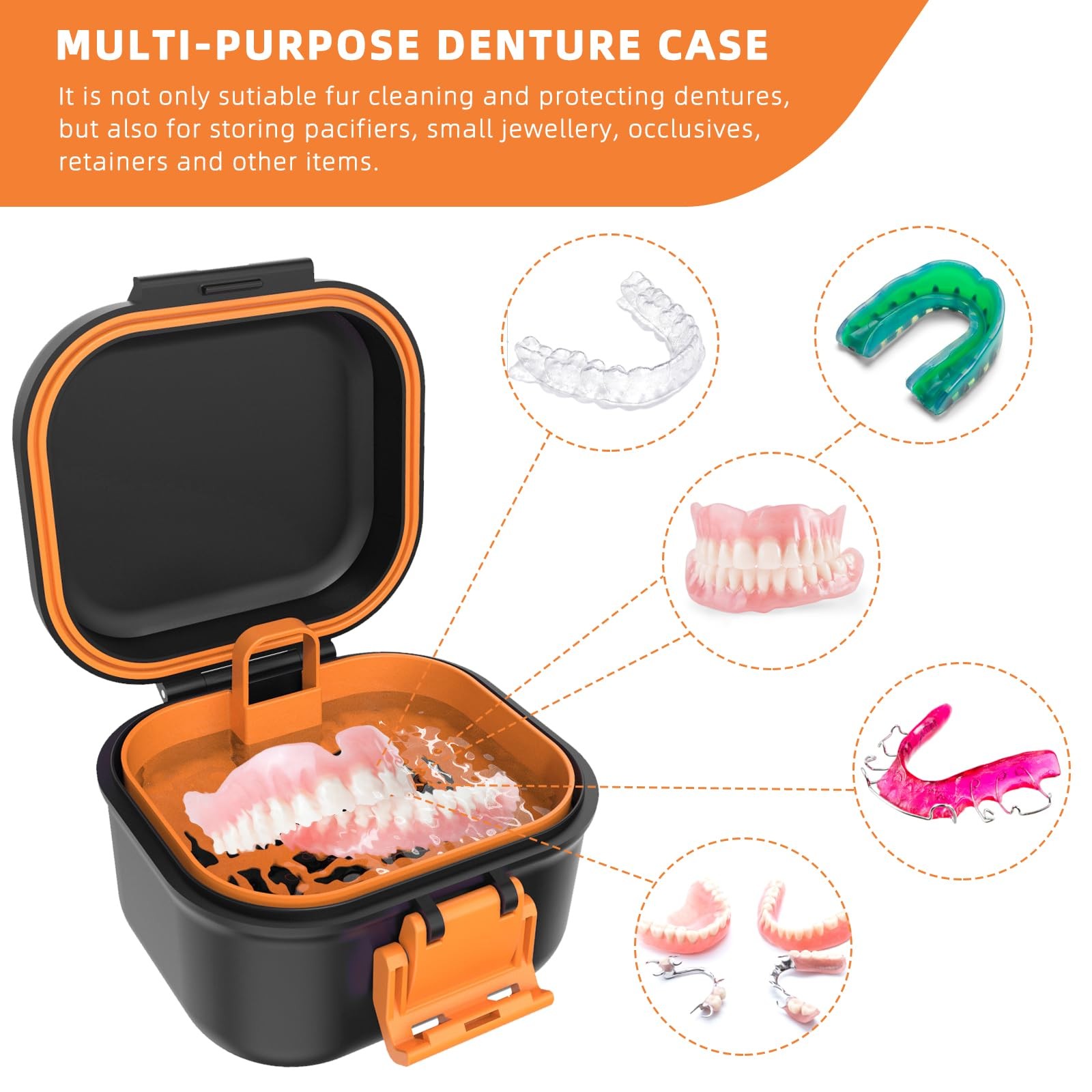 ARGOMAX Leak Proof Denture Bath Cup, Portable Soaking Black Shell + Orange