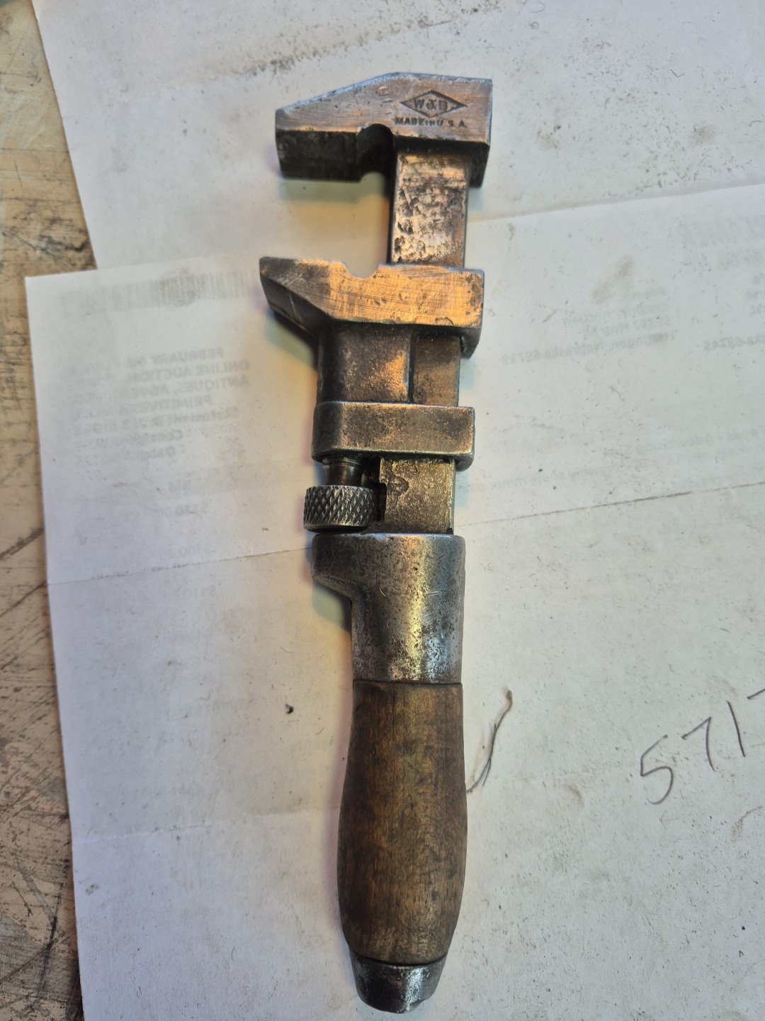Vintage W&B Whitman & Barnes Co. large  8" Pipe Wrench Antique Wood Handle USA.