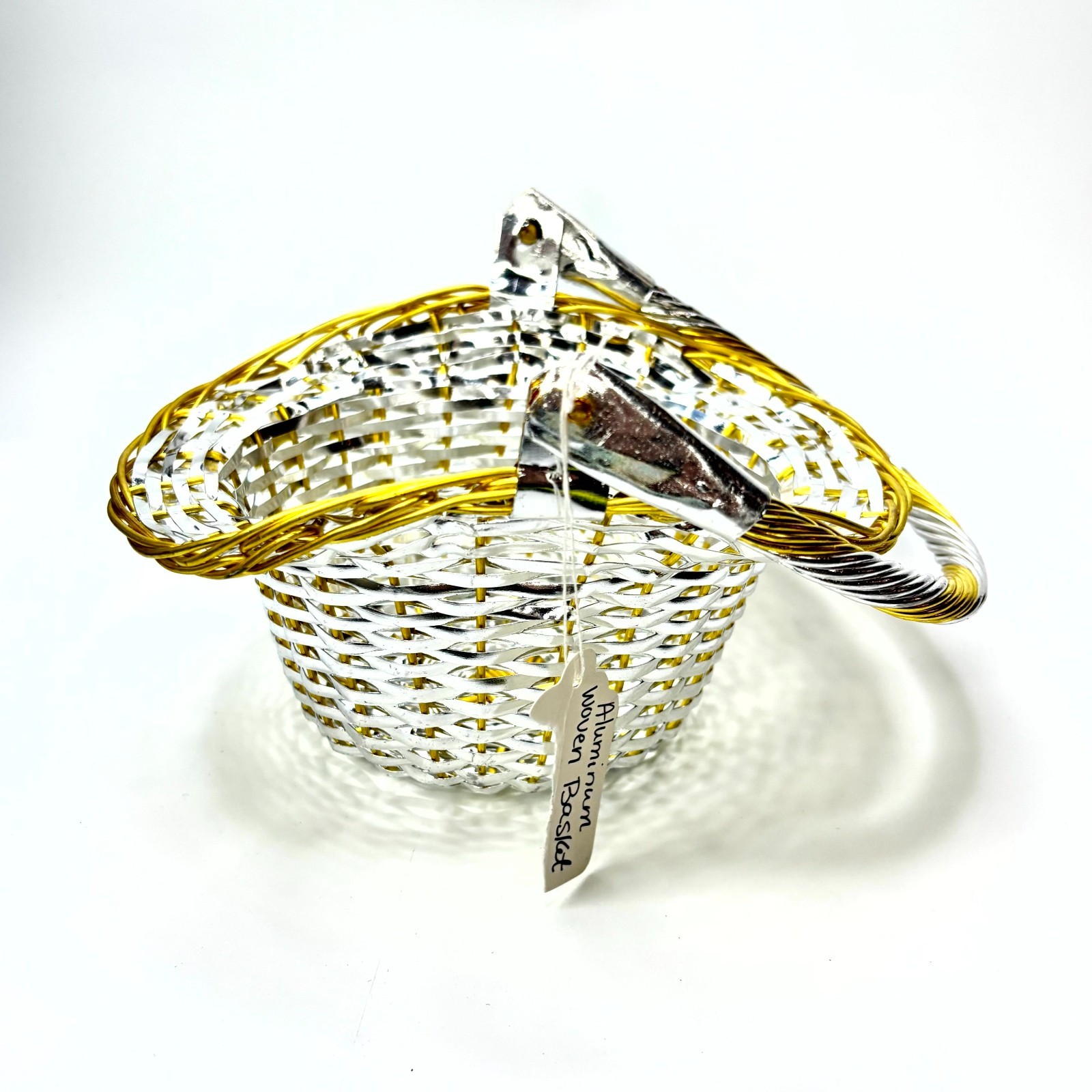 Vintage Handheld Aluminum Woven Basket with Handle Round Medium All-Occasions