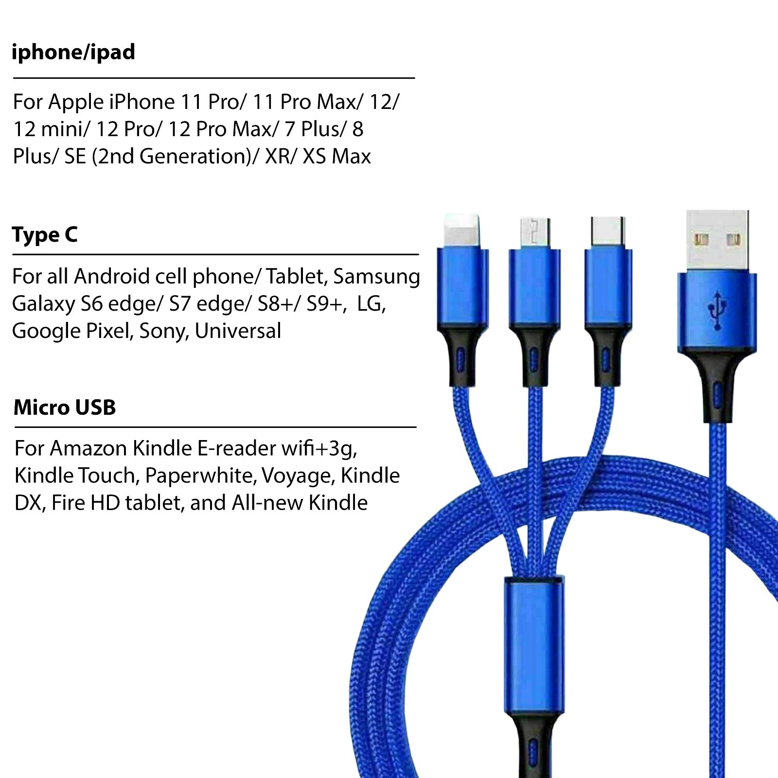 3 in 1 Fast USB Charging Cable Universal Multi Function Cell Phone Charger Cord
