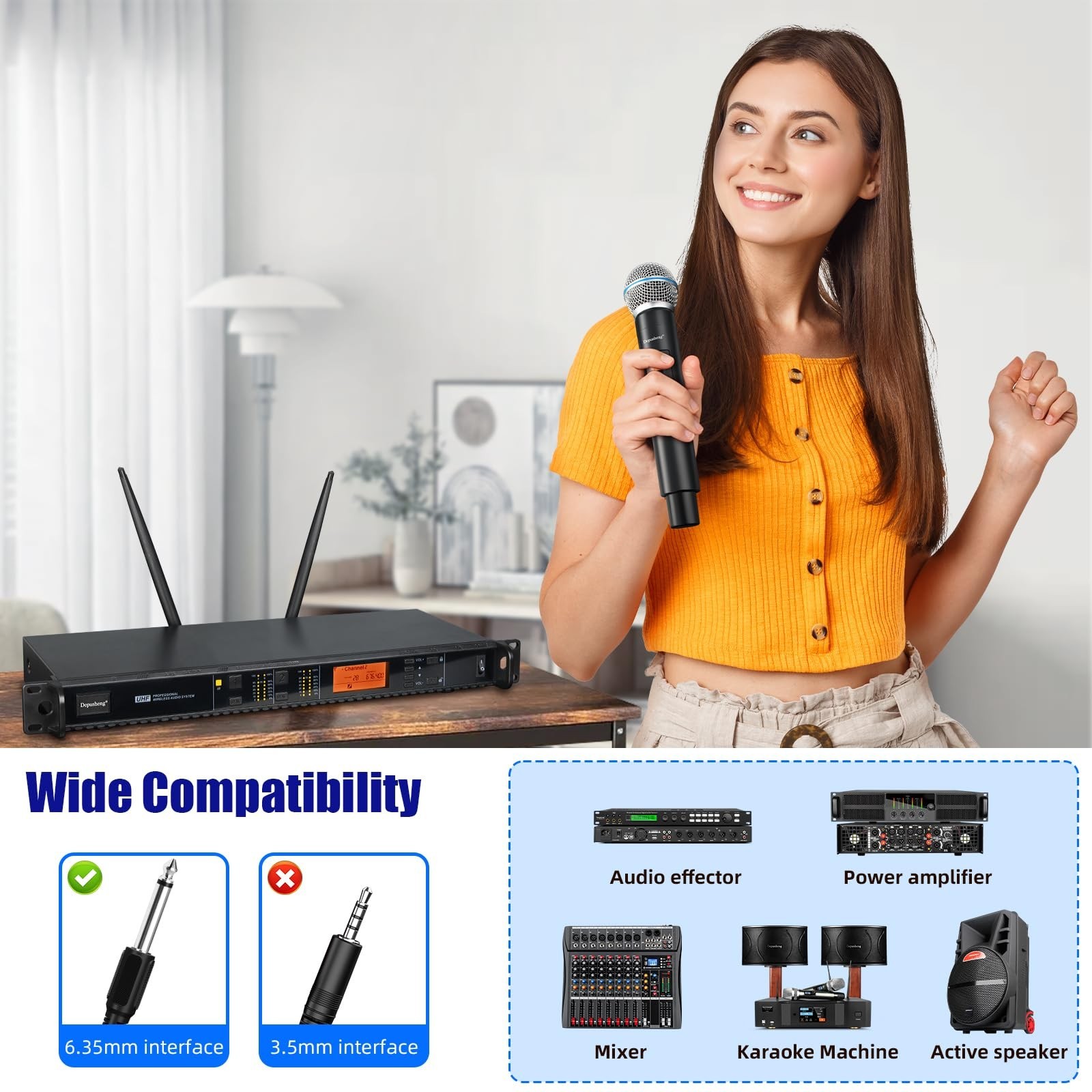 Depusheng Wireless Microphones System with 2 Channels Cordless Handheld Micro...