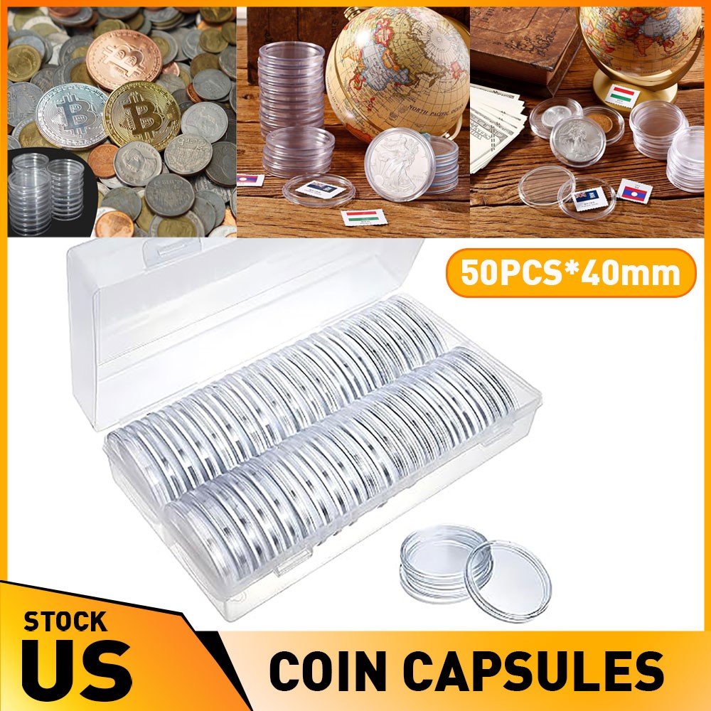 50PCS 40mm Silver Gold Coin Cases Capsules Holder Clear Plastic Round Storage