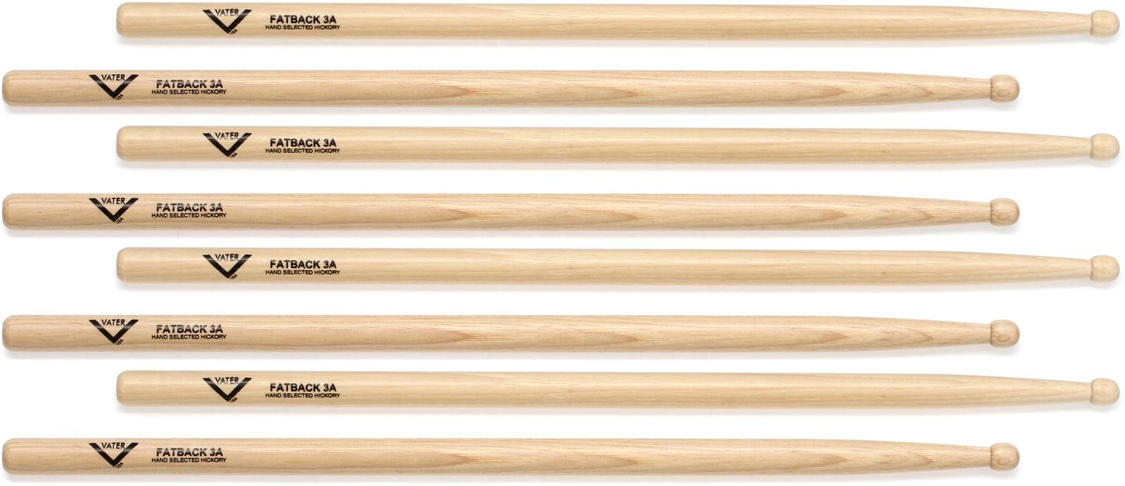 Vater Hickory Drumsticks - Fatback 3A, 4 pairs (2-pack) Bundle