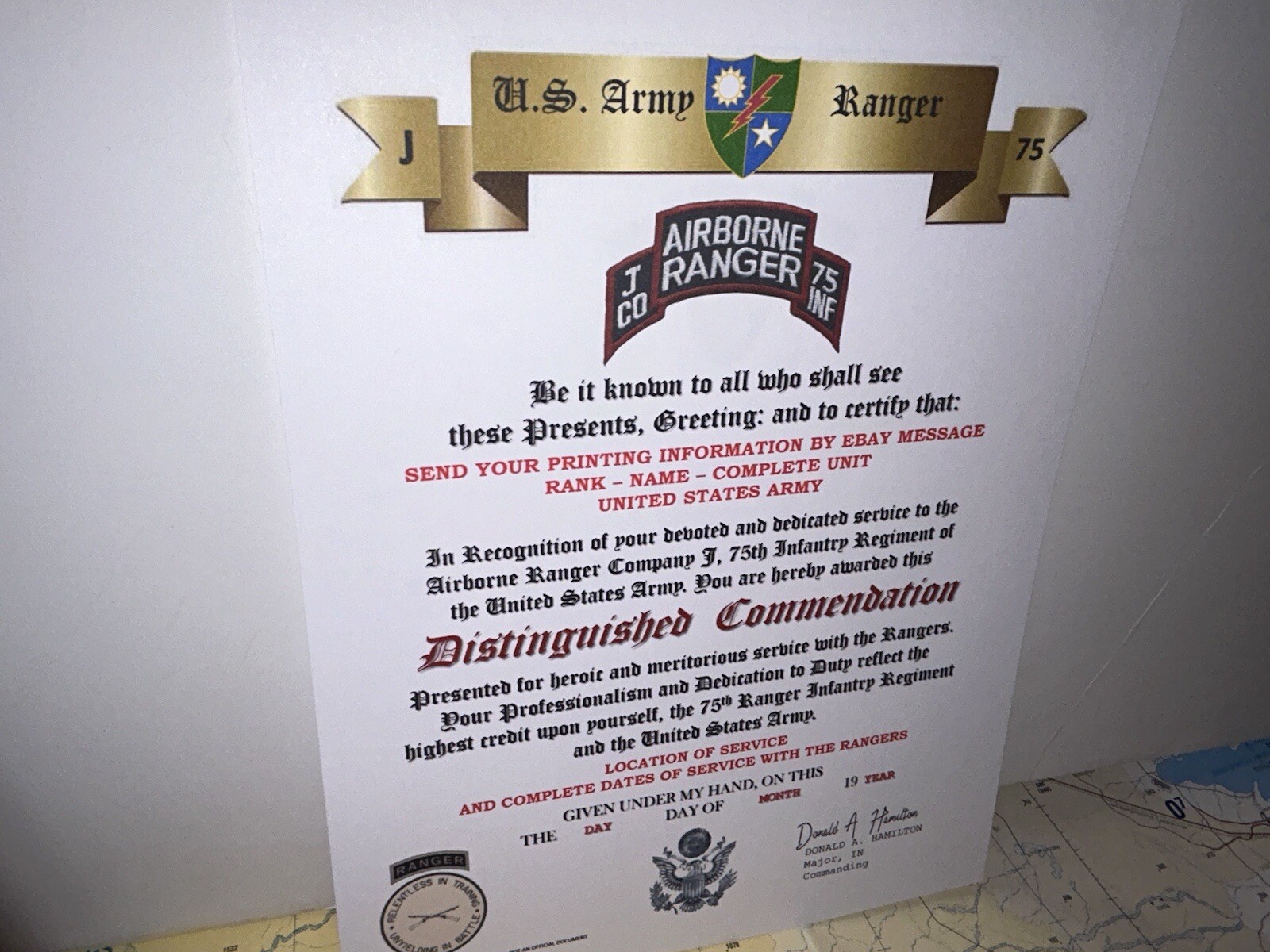 U.S. ARMY - J CO. 75TH INFANTRY RANGER REGIMENT / DISTINGUISHED COMMENDATION