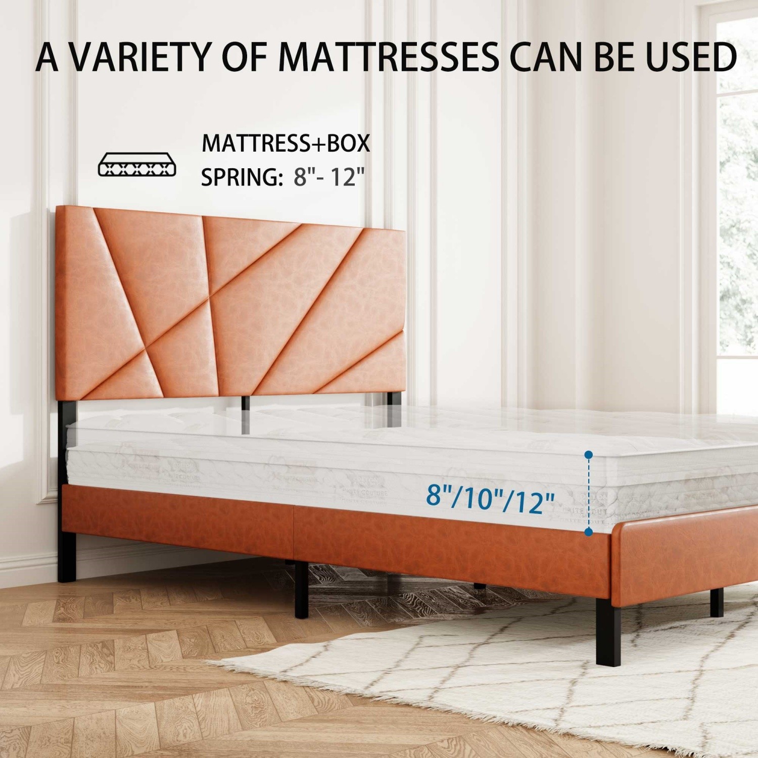 Full/Queen/King Size Platform Bed Frame with Leather Upholstered Headboard