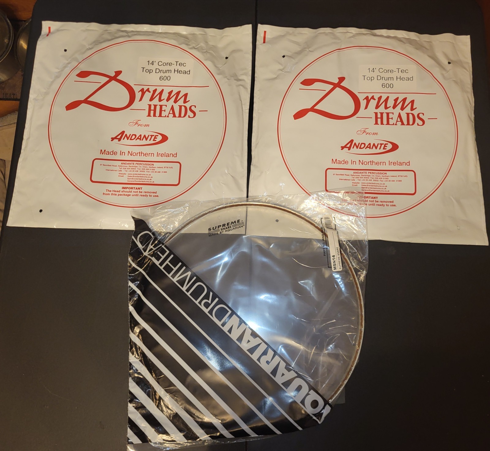 Lot of Two (2) Andante 14" Core-Tec 600 Top Drum Heads w Aquarian Supreme Snare