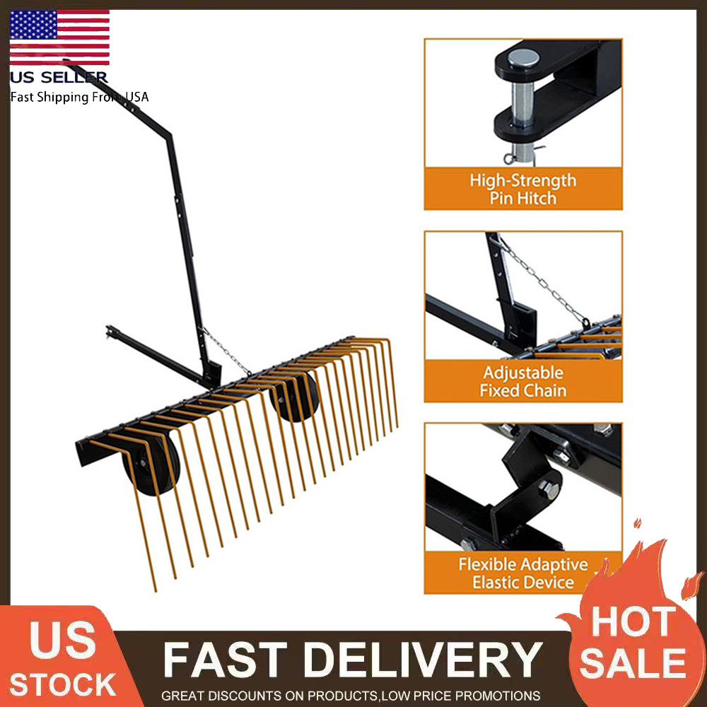 Lawn Tractor Rake 60 inch Dethatcher Tow Behind Rake for ATV Pine Straw Rake