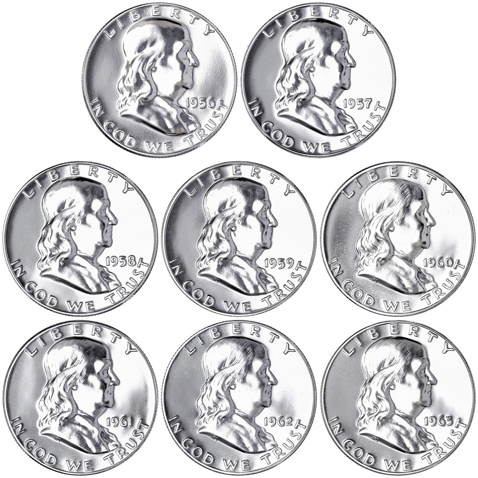 1956-1963 Franklin Proof Half Dollar Run 8 Coin Set 90% Silver US Coins