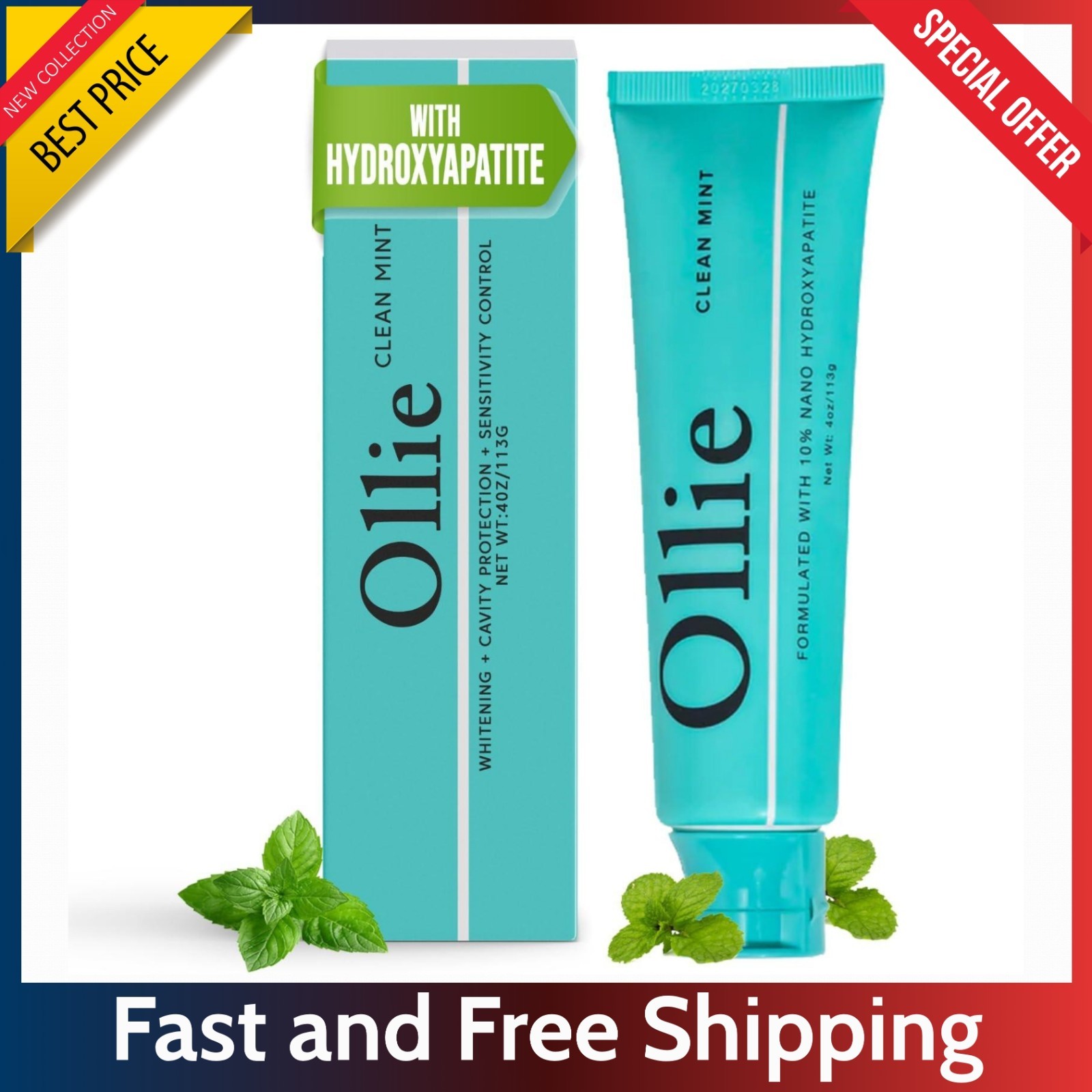 Ollie 10% Nano Hydroxyapatite Toothpaste 4oz - Fluoride Free Sensitive Whitening