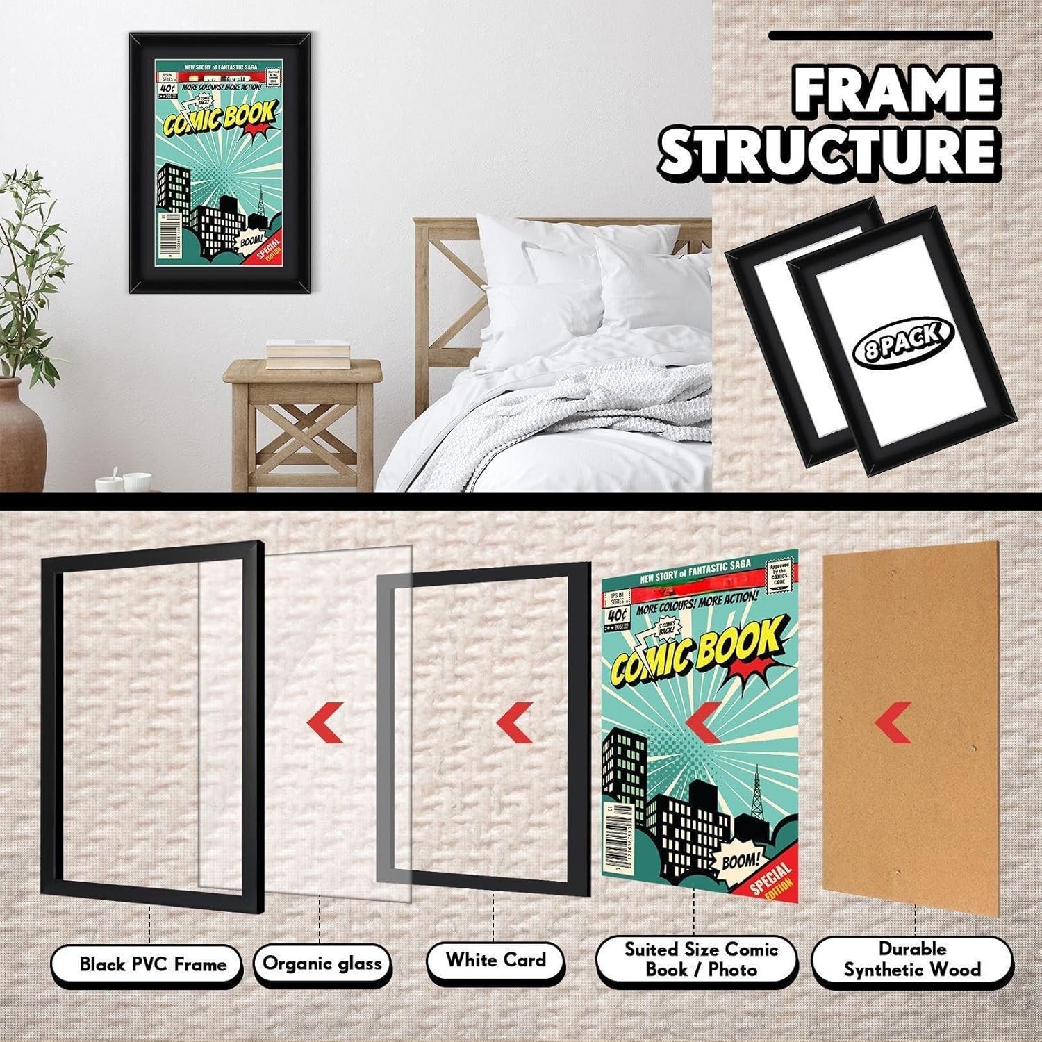 8-Pack Comic Book Frames UV Protection Wall or Tabletop Display Black White…