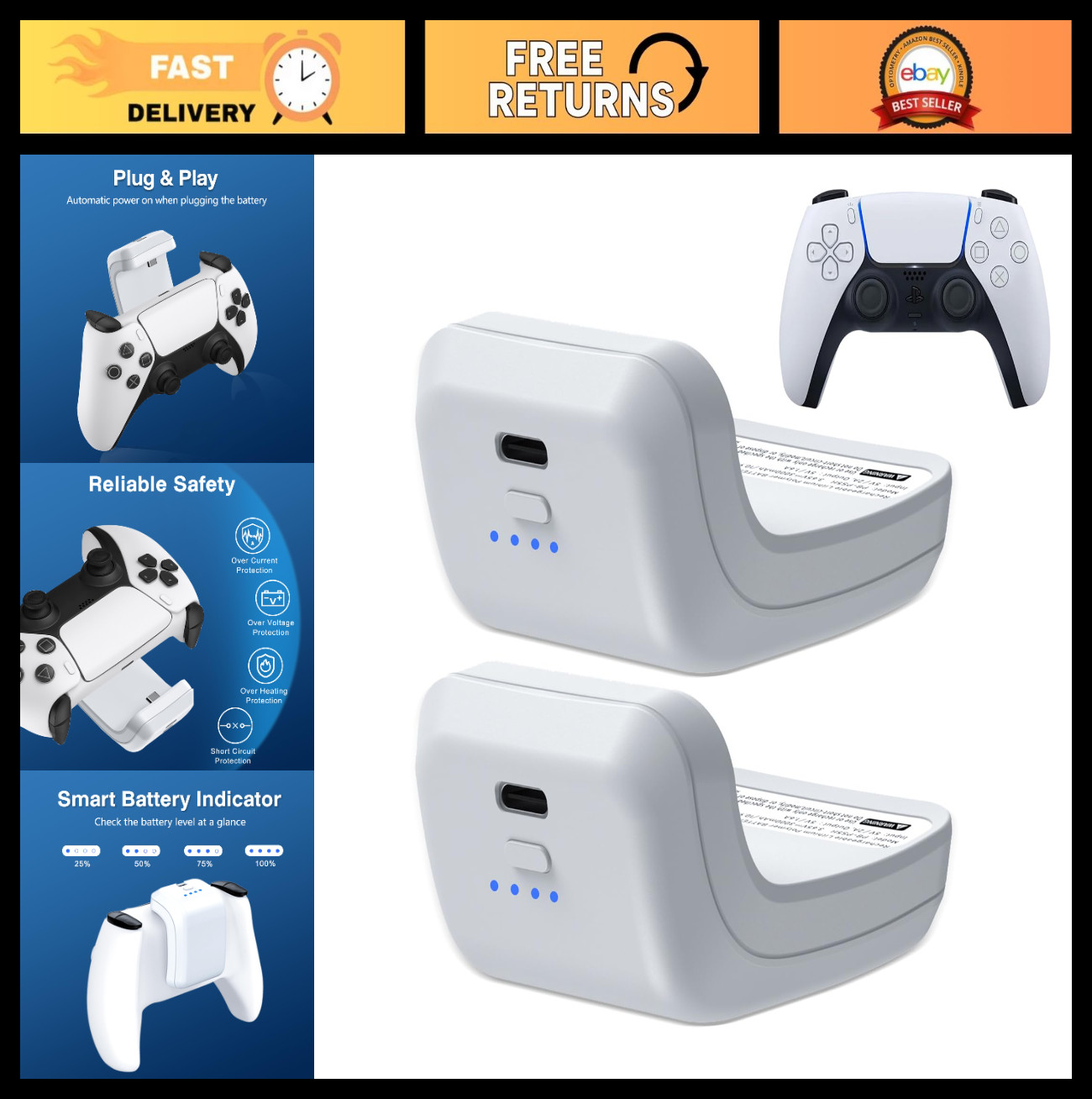 2X 3000mAh PS5 Controller Battery Pack - External Replacement & USB-C Charger
