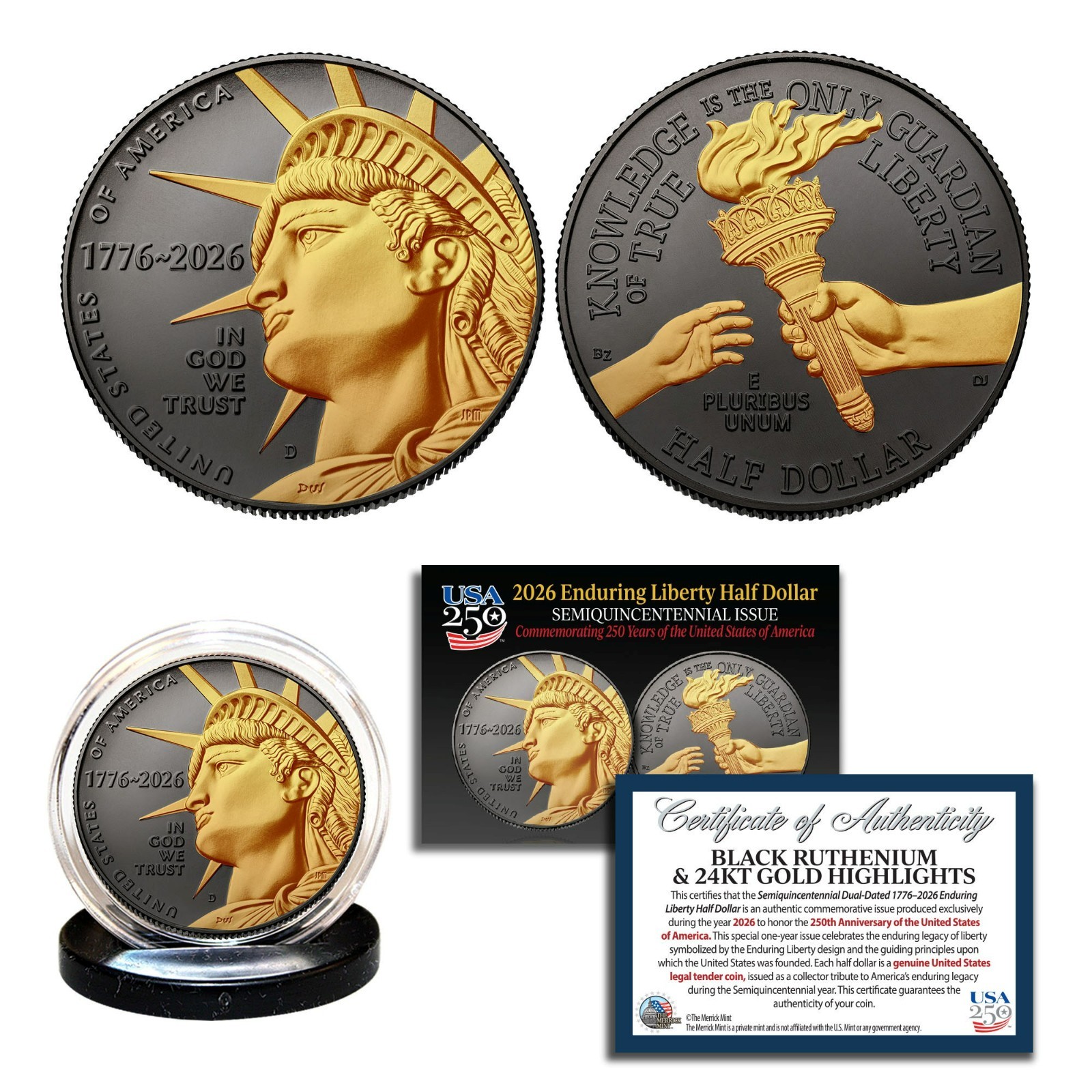 2026-D Enduring Liberty Half Dollar BU Coin America250 BLACK RUTHENIUM 24K GOLD