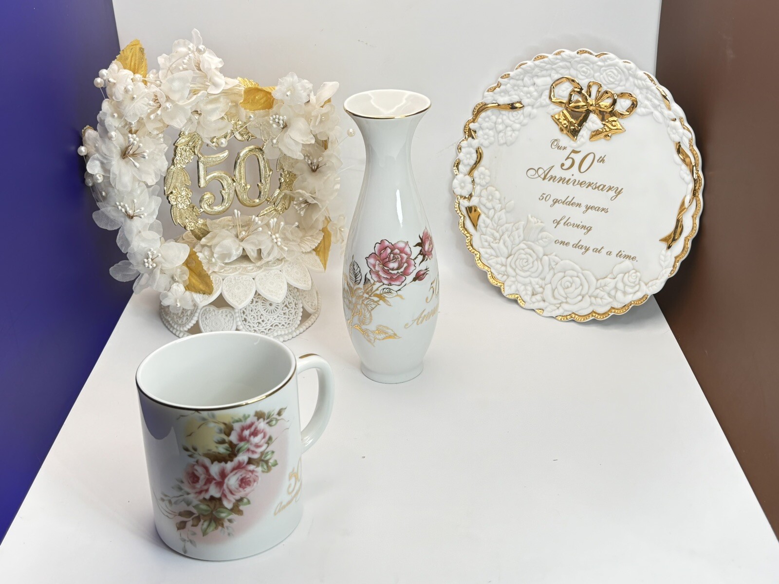 50th Anniversary Gift Set Golden Anniversary Mug Cake Topper Vase Plate