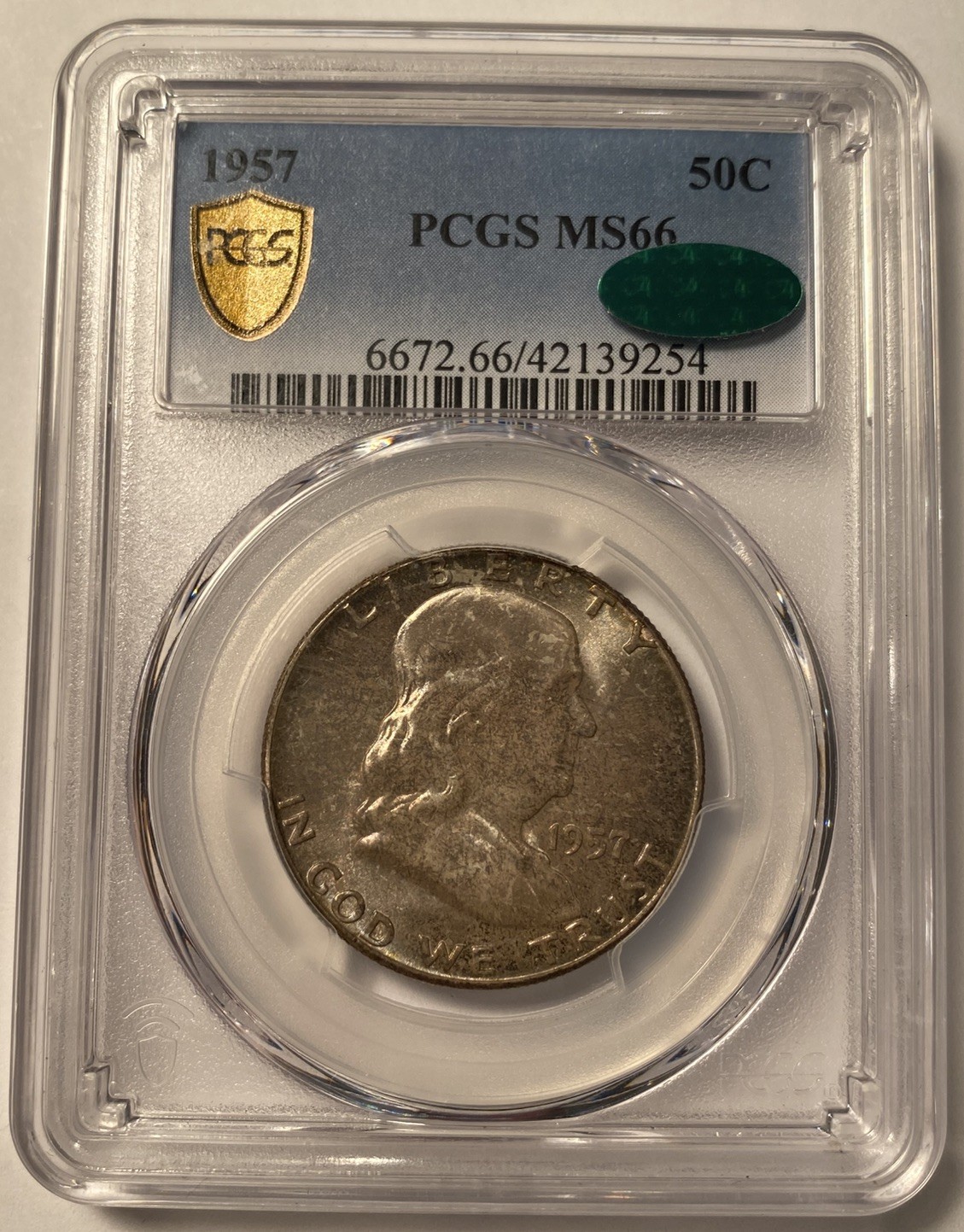 1957 Franklin Half Dollar PCGS MS66 CAC Mint Set Toning