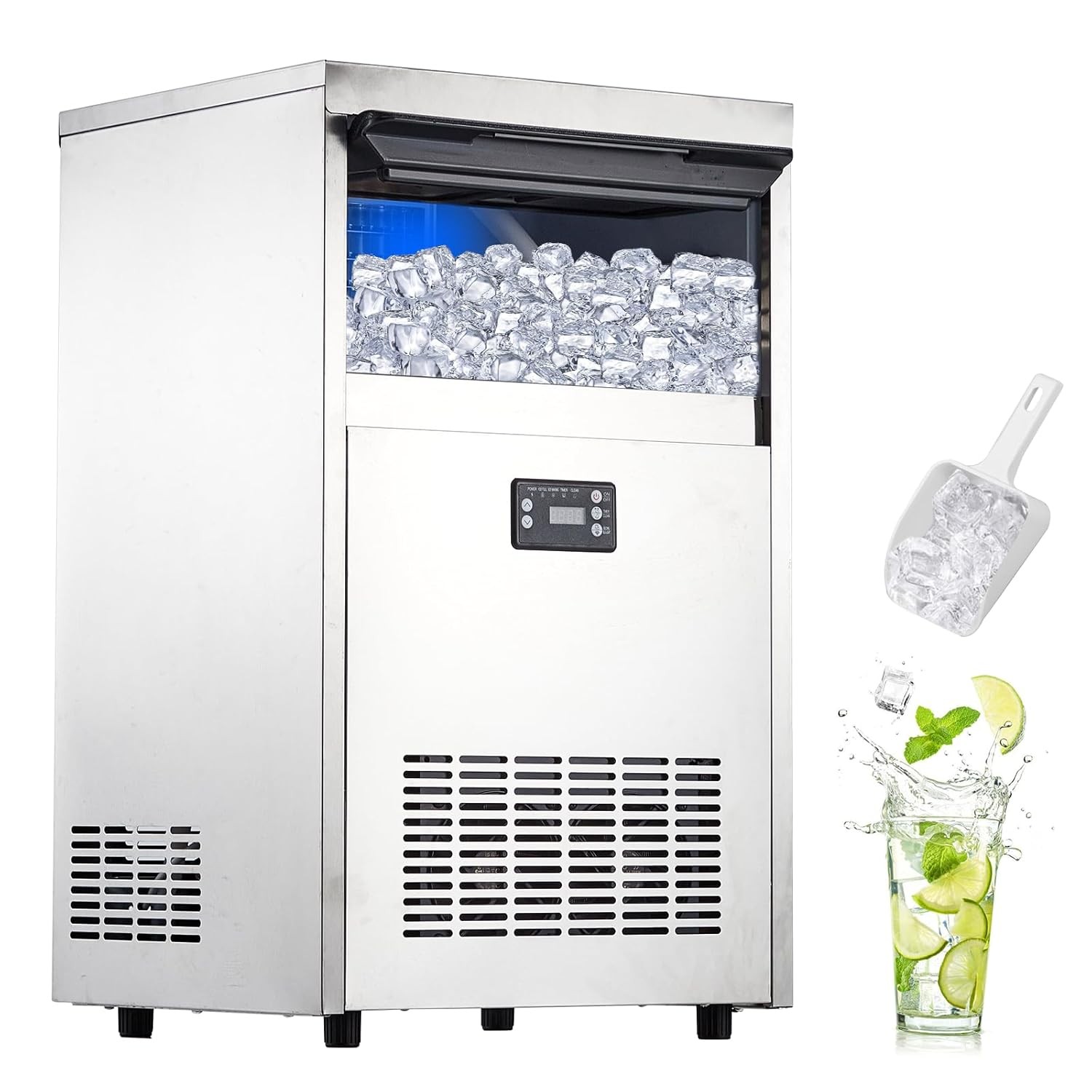 Commercial Ice Machine 100 LBS/24h,Ice Maker with 2 Water Inlet Modes & 45lb Bin