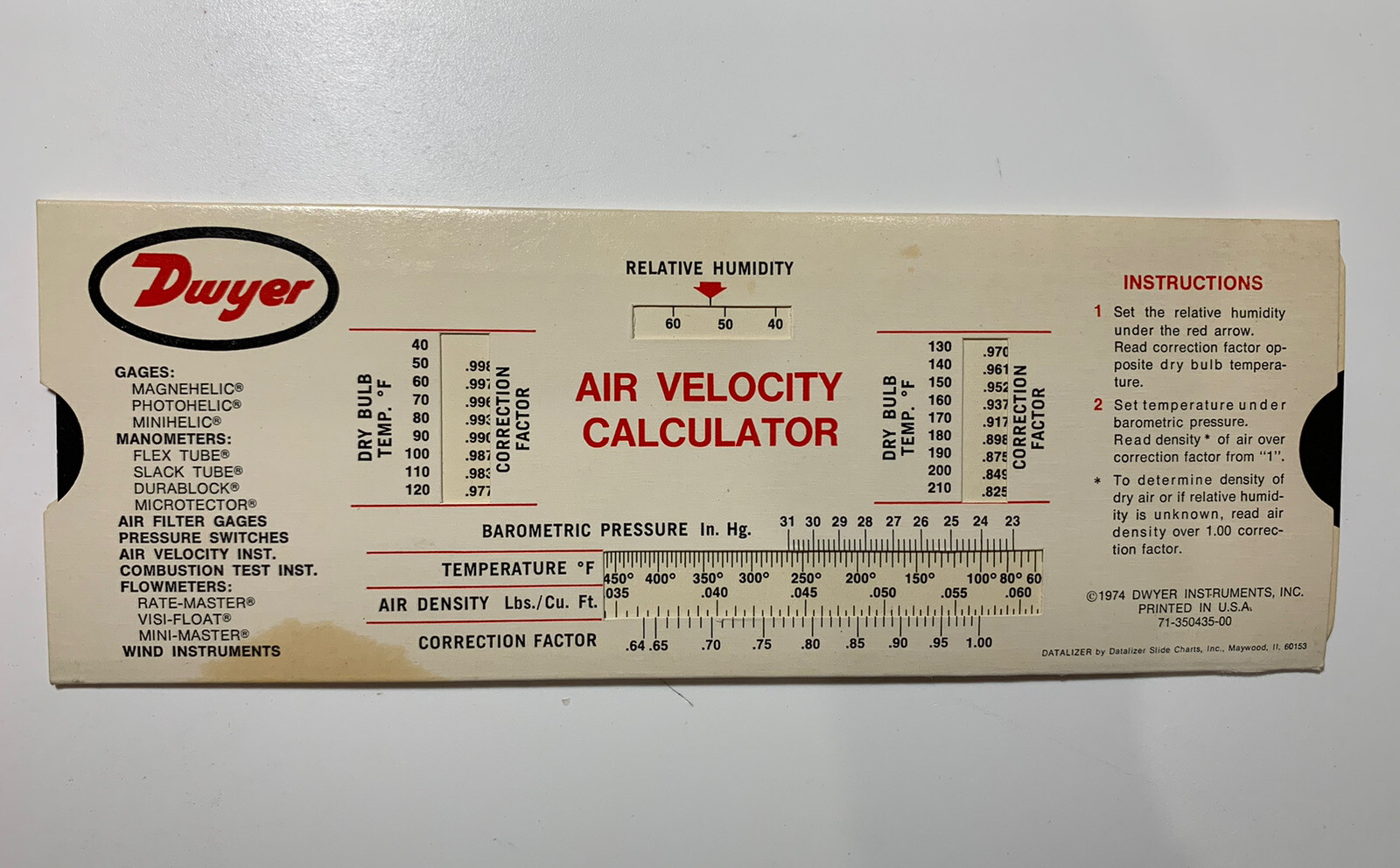 Dwyer Instruments - AIR VELOCITY CALCULATOR Slide Chart 1974