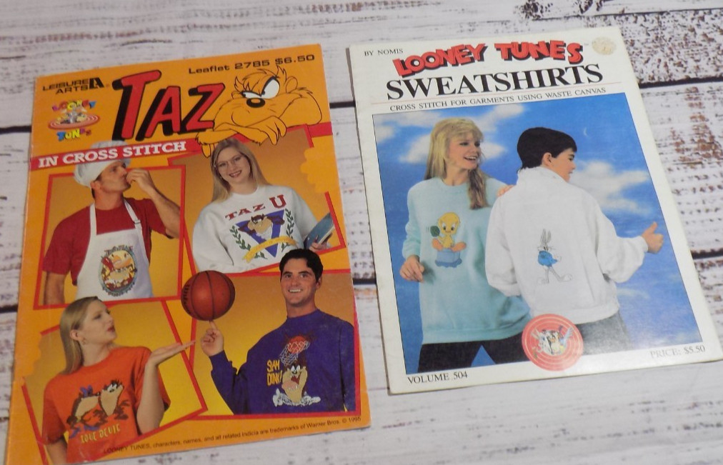 Lot of 2 LOONEY TUNES Cross Stitch Books TAZ, Bugs, Marvin, etc