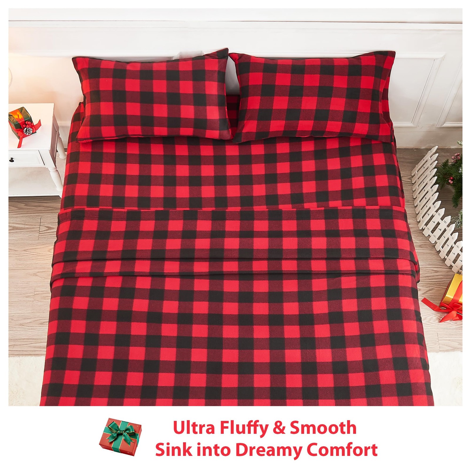 Softan Christmas Fleece Sheets Full Size, Flannel Full, Red Buffalo Plaid