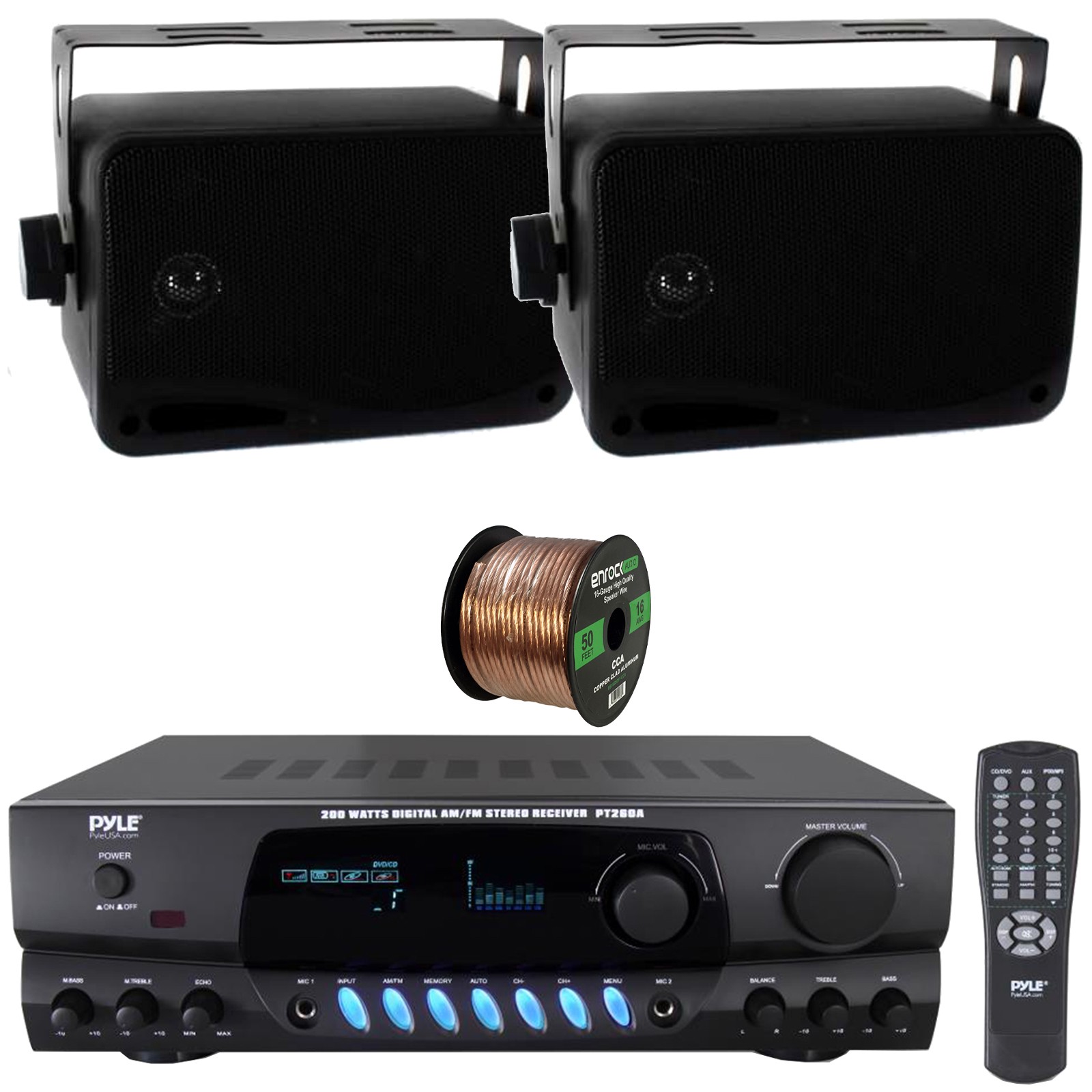 Pyle 200W Home Stereo Receiver, 2x 3.5'' 200W Max Indoor/Outdoor Speakers, Wire