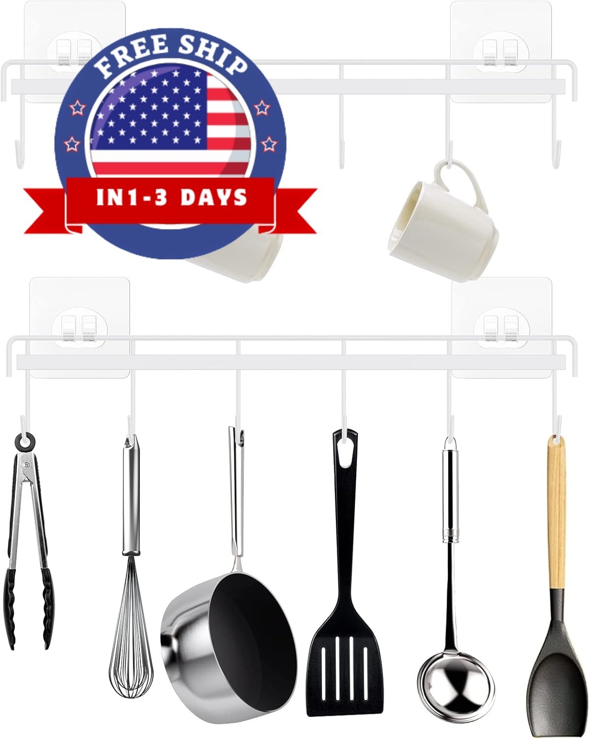 Colgador Pared Adhesivo 2 Piezas 6 Ganchos Organizador Utensilios Cocina Blanco
