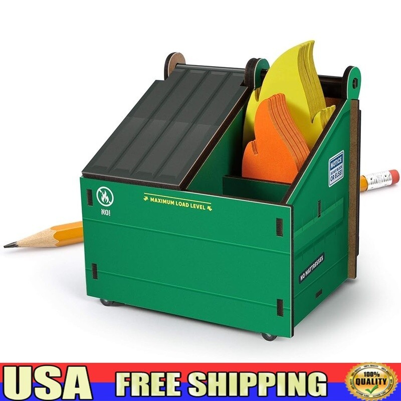 Desk Dumpster Pencil Holder W/ Flame Notecards Fun Office Organizer Gift Green