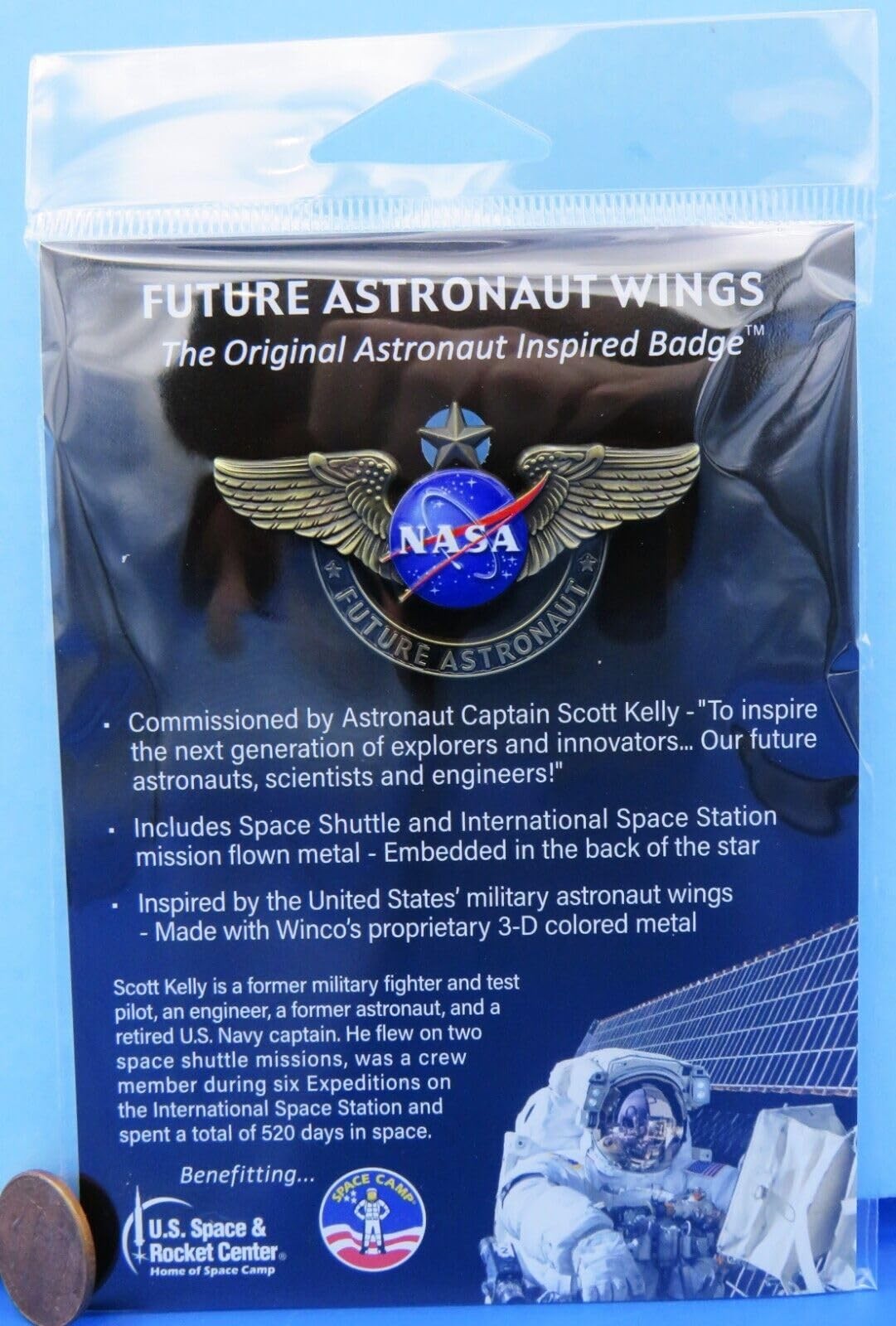 FUTURE ASTRONAUT WINGS -FLOWN METAL-NASA-SCOTT KELLEY SHUTTLE ISS BRONZE PIN
