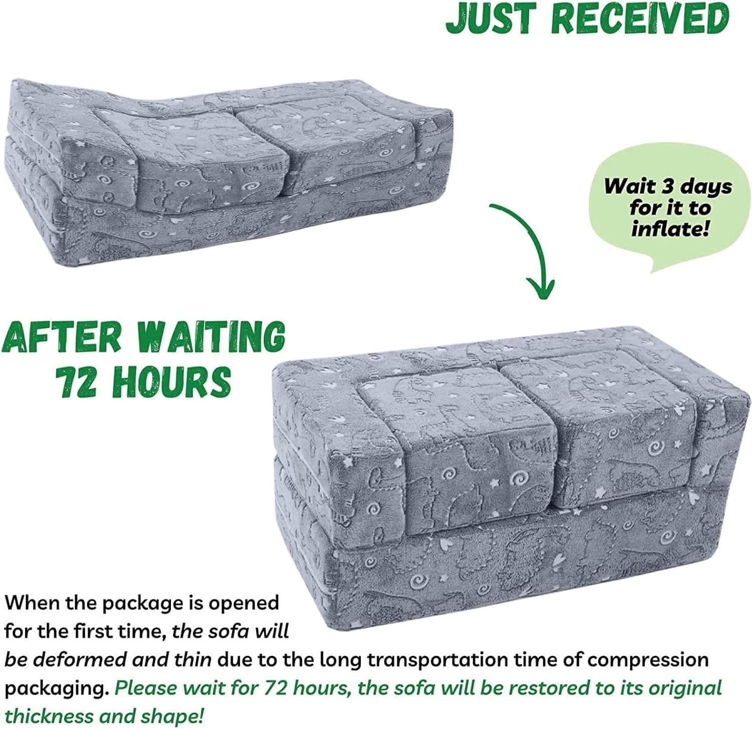 Dinosaur Glow Foam Kids Play Couch Set, Gray Modular Sofa & Lounger – Glow-Af...