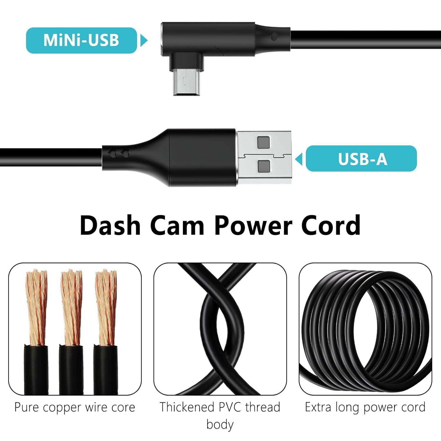 Durable USB 2.0 to Type-C Dash Cam Power Cable with 90-Degree Bend Design