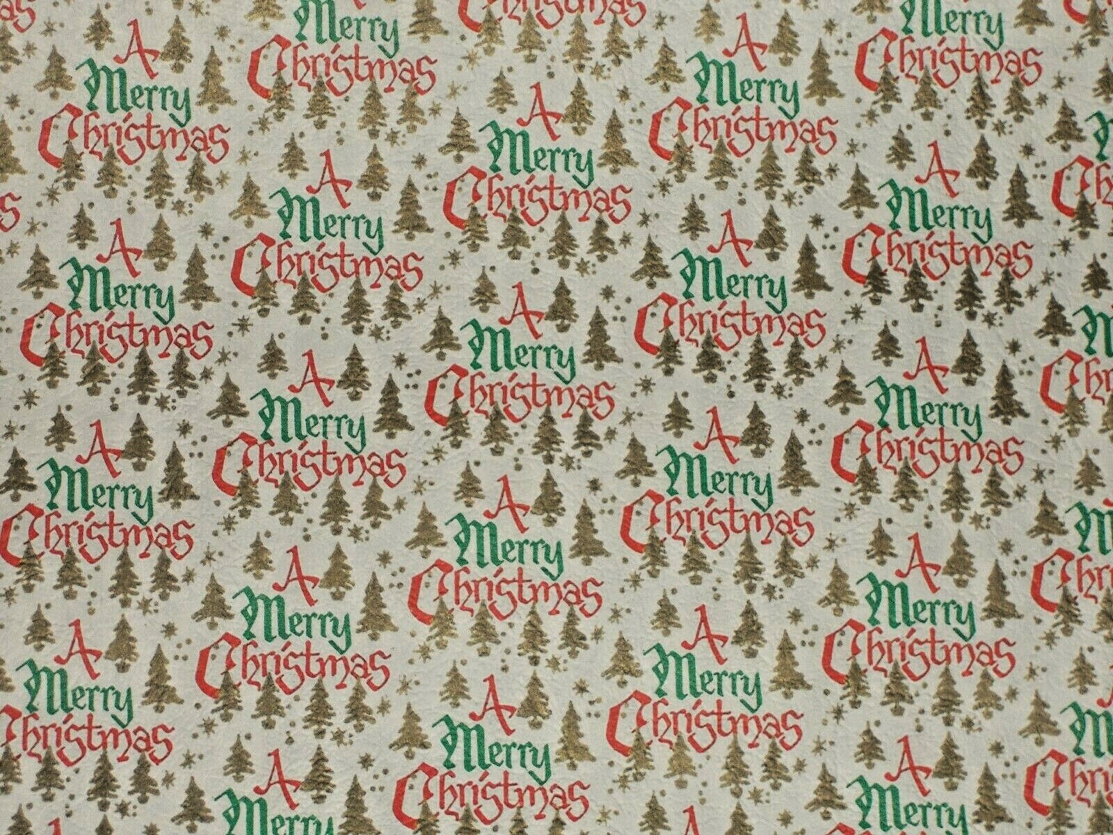 VTG A MERRY CHRISTMAS RETRO WRAPPING PAPER 2 YARDS GOLD TREES NOS VERY STURDY