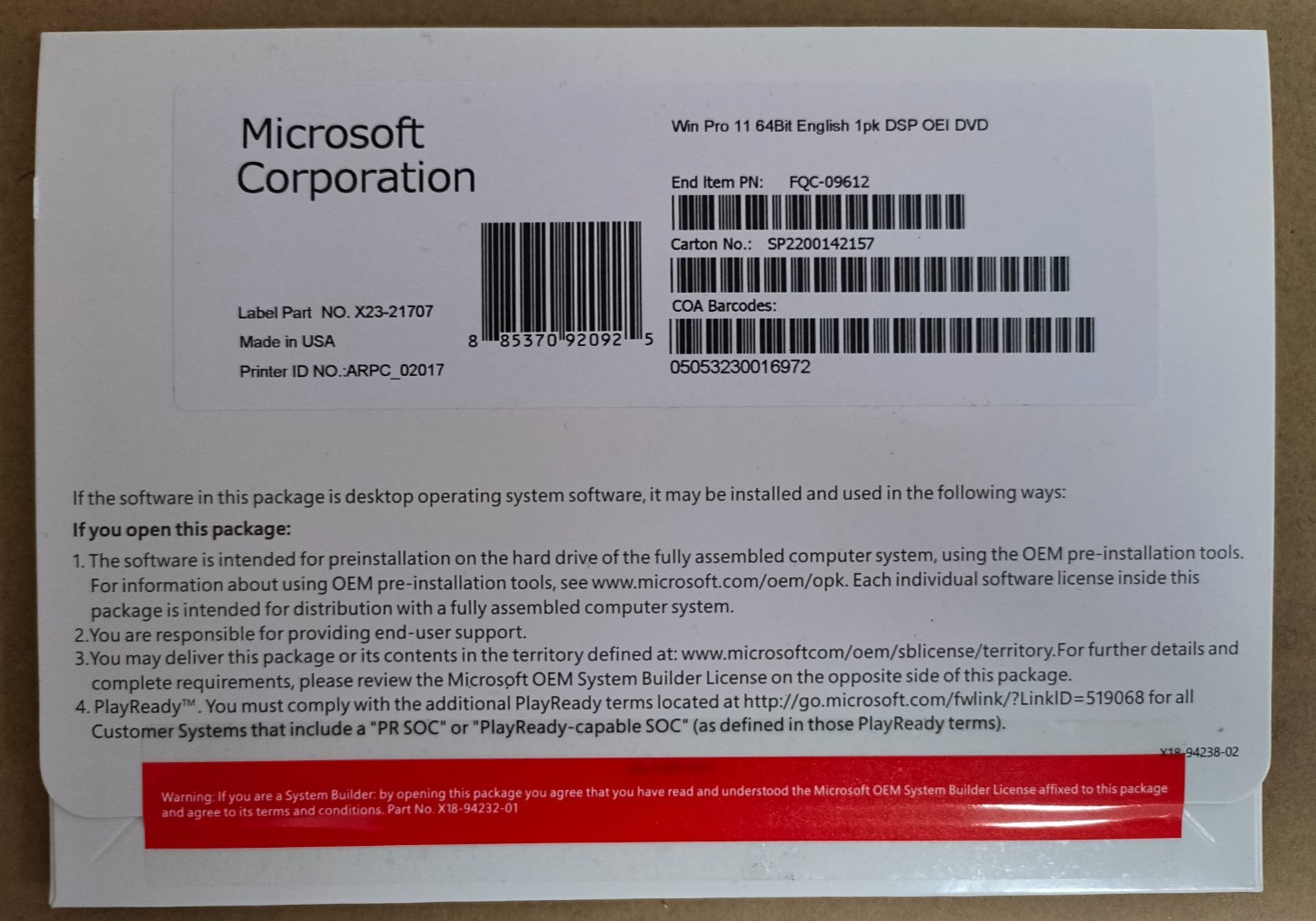 Win 11 Pro 64-Bit DVD with Product Key Factory Sealed NEW & FREE Shipping