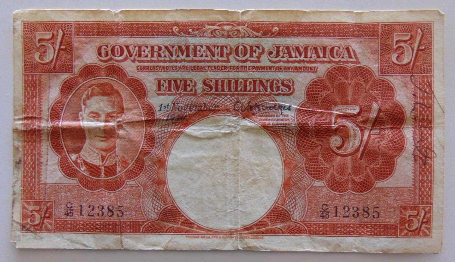 26.03 #19: JAMAICA 5 Shillings 1940 Geo VI P-37a VF