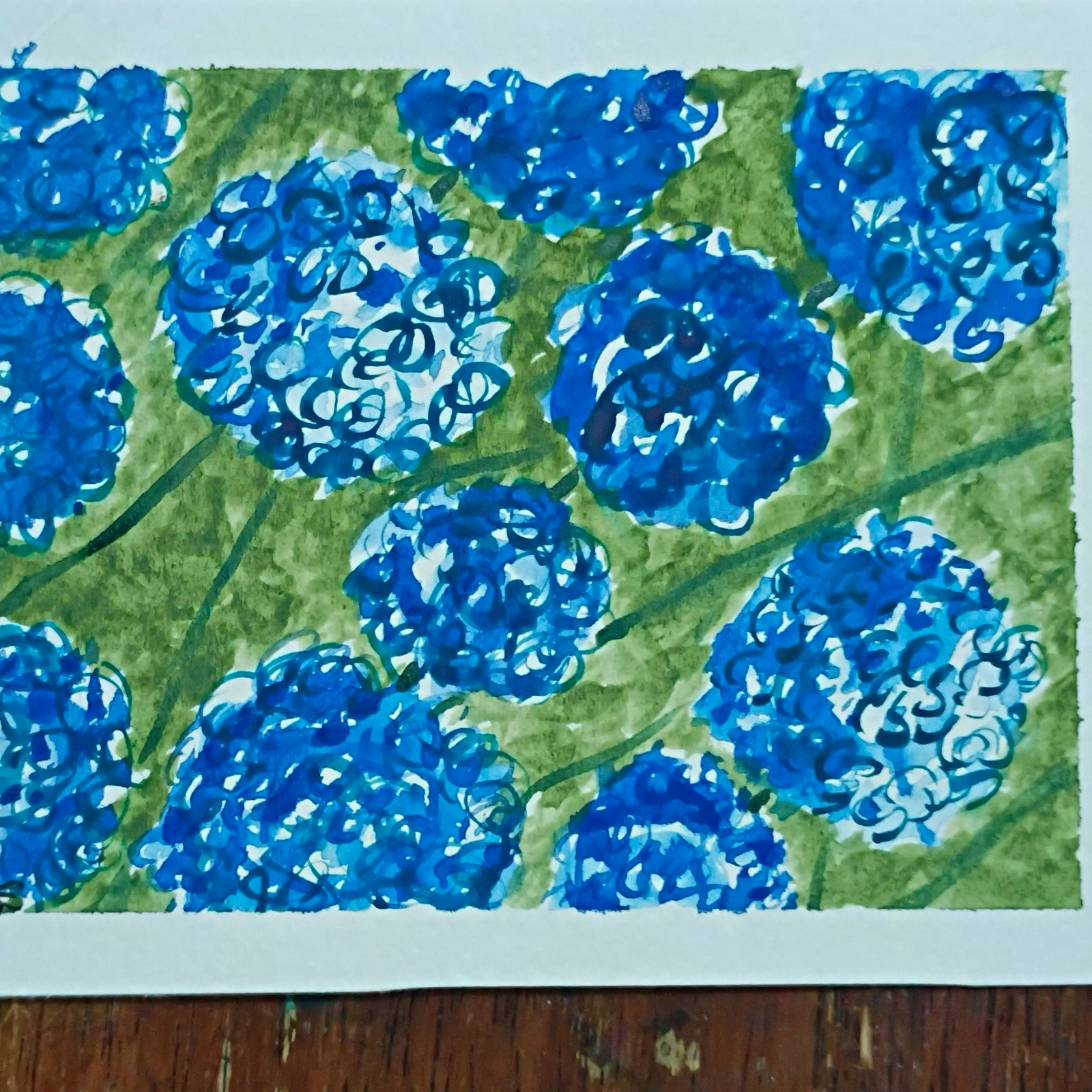 Hydrangeas Blue original OOAK floral illustration drawing on paper 4x5 unframed