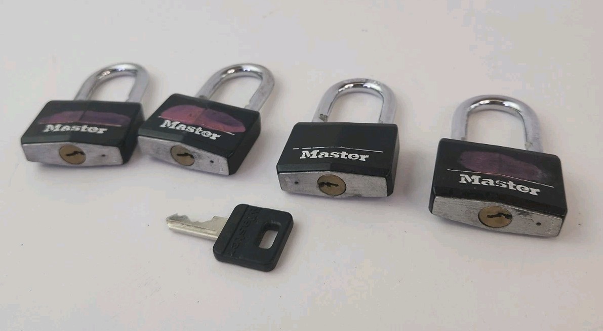 Master Lock Keyed Padlock Black for outdoors three locks One Key Opens All Set 4