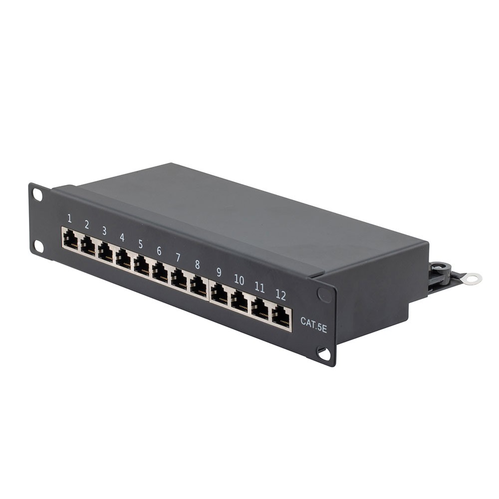 10 Inch Wide 12-Port CAT5E STP Patch Panel, 1U, Black
