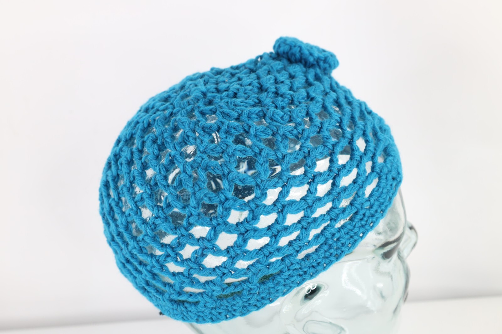 NOS Vtg 70s Streetwear Crochet Wool Knit Flower Skull Beanie Hat Blue Womens OS