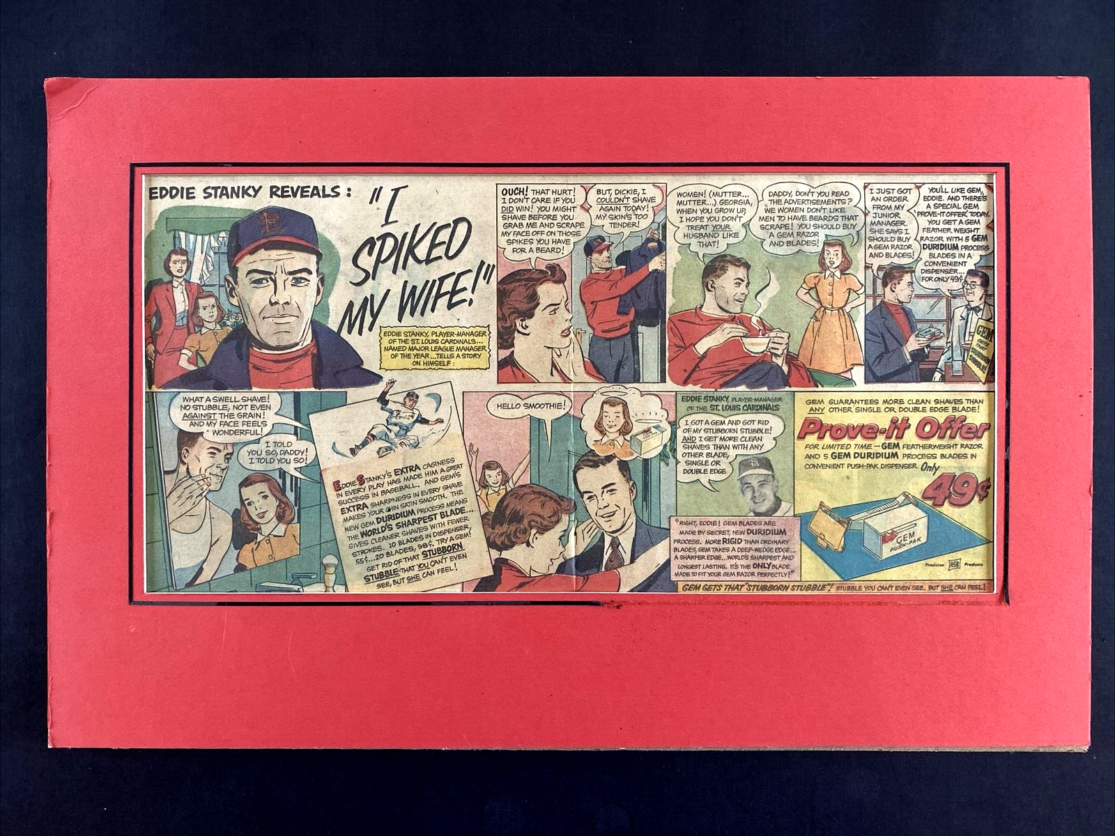 Vintage Eddie Stanky Razor Comic Strip Advertisement STL Cardinals GEM Brand