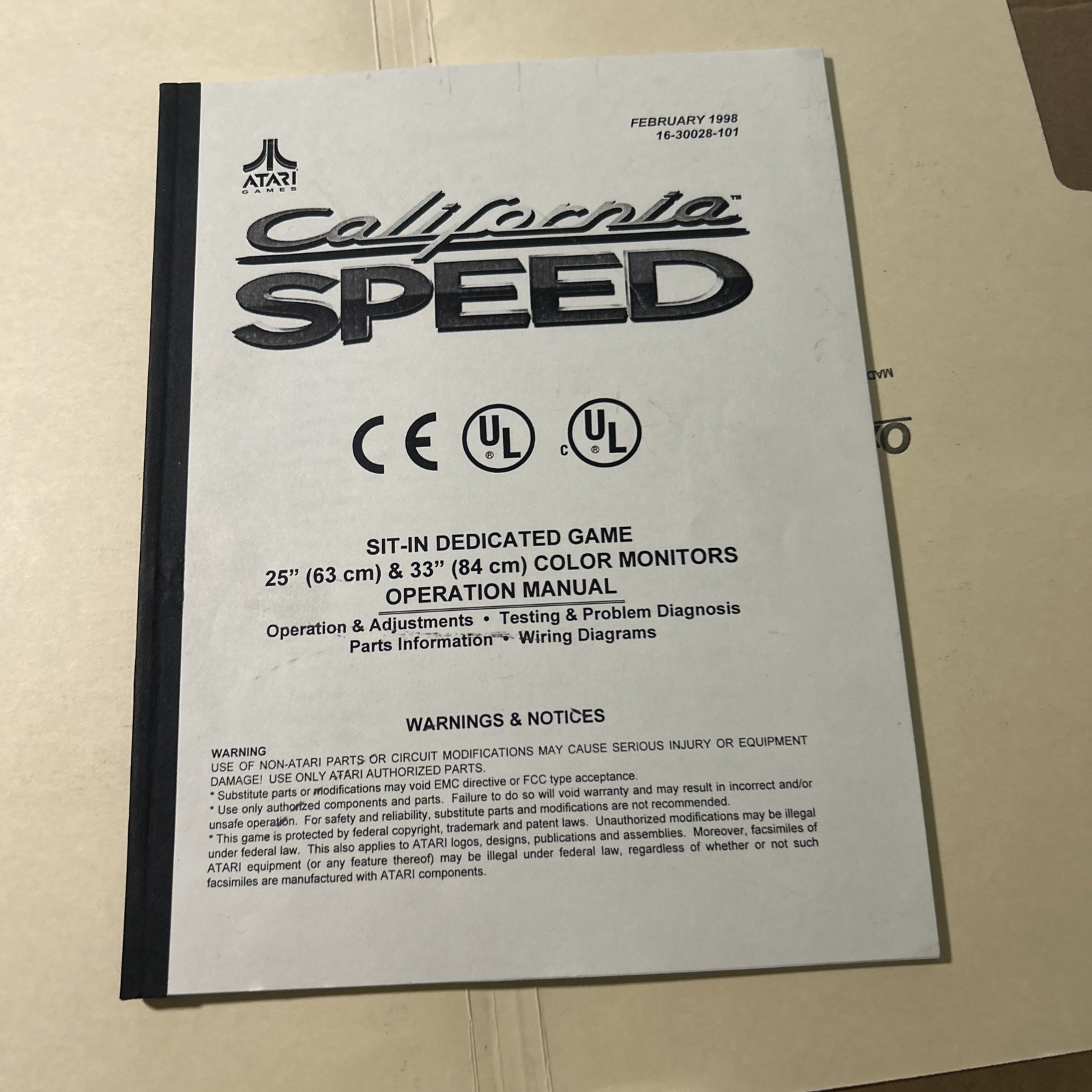 Original Factory Atari California Speed arcade video game owners manual