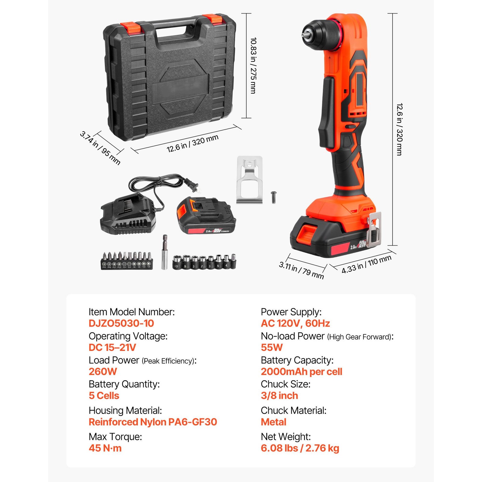 Cordless 3/8" Right Angle Drill, Brushless, 45N·m, LED Light