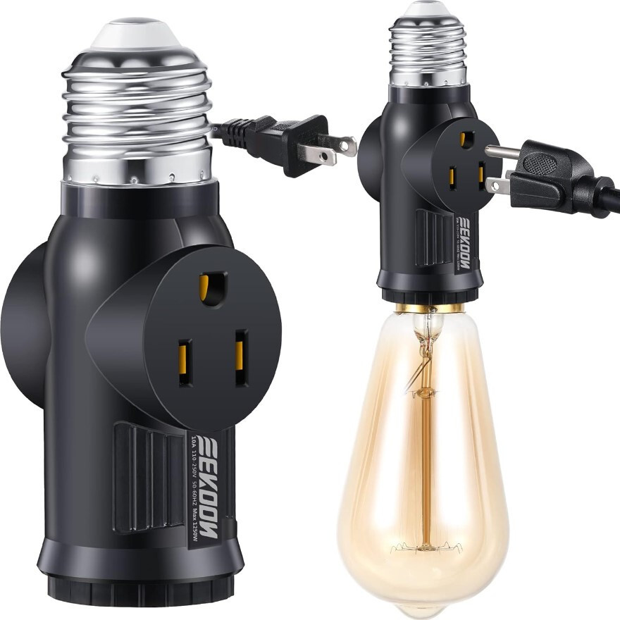 3 Prong Light Bulb Outlet Socket Adapter E26 E27 Light Socket to Plug Adapter
