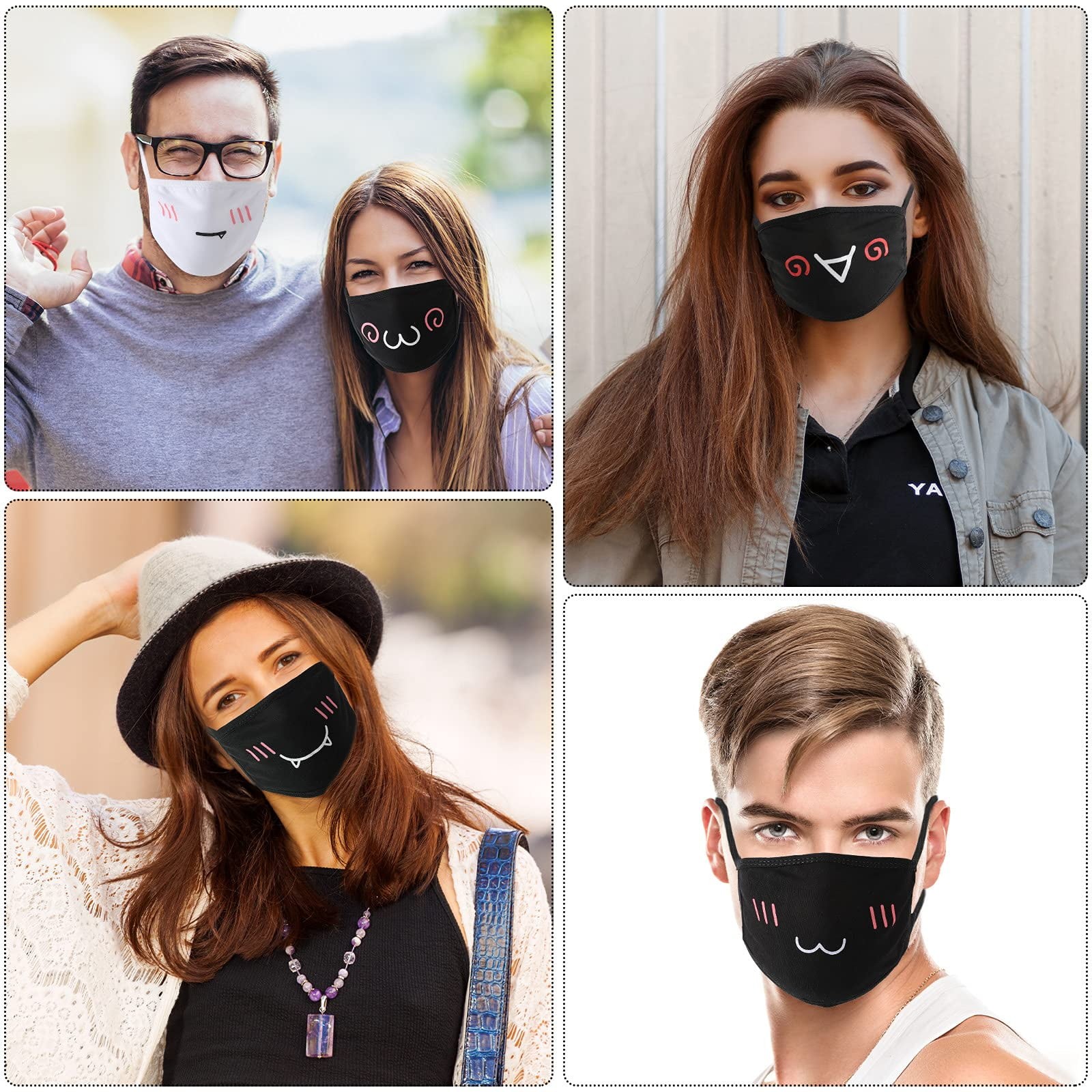 10Pcs Cute Face Mask - Black & White, Reusable Washable Cotton, for Adult Teens