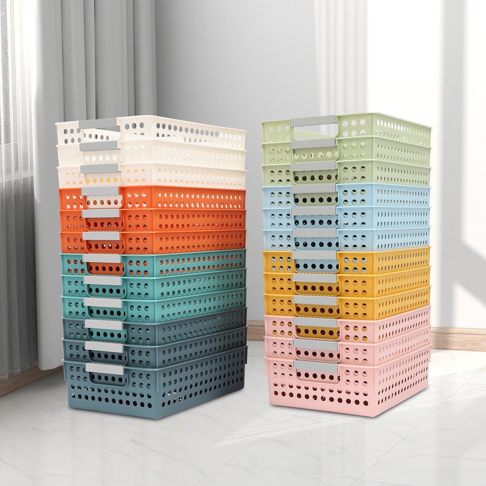 24 Pack Colorful Mesh Classroom Baskets, Stackable Storage Bin, Book Basket