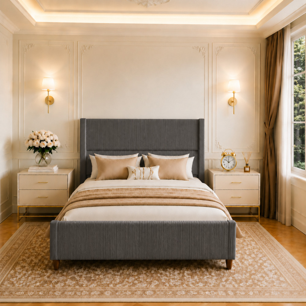 62.7" Tall Queen /Full Wingback Bed Frame, Padded Thick-bed Headboard Footboard
