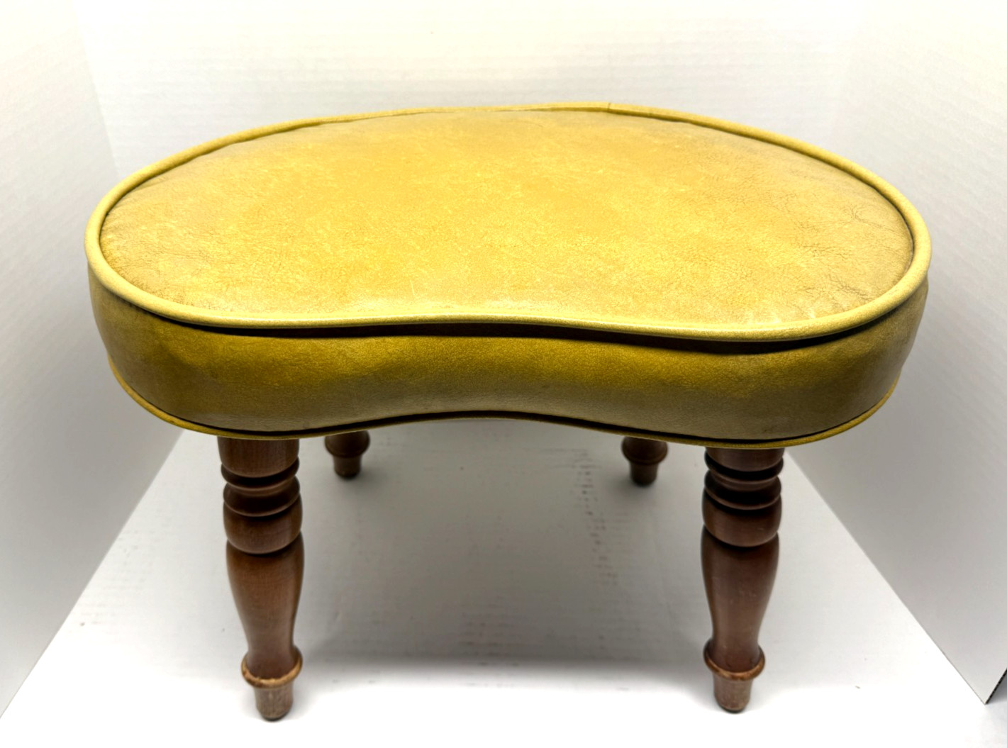 Mid Century Golden Yellow Vinyl Foot Stool Kidney Shaped 17”x11”