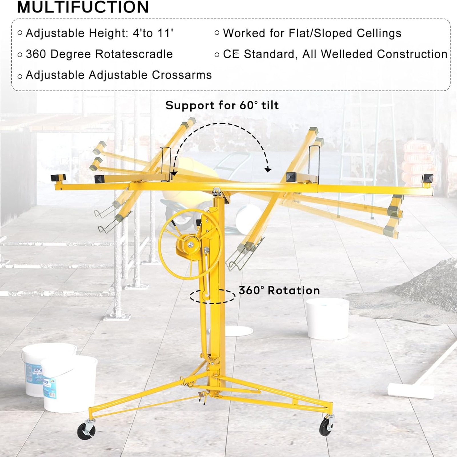11FT Drywall Lift Panel Hoist Sheetrock Plasterboard Jack Lifter 150LB Yellow