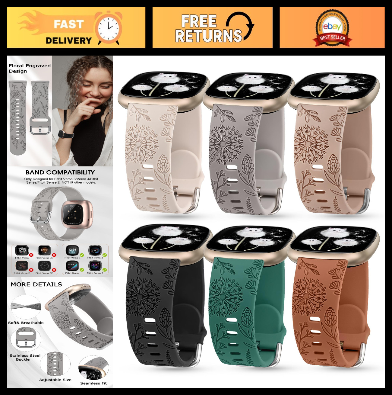 Floral Engraved Silicone Bands for Fitbit Versa 4/3 & Sense 2 - Cute Dandelion D