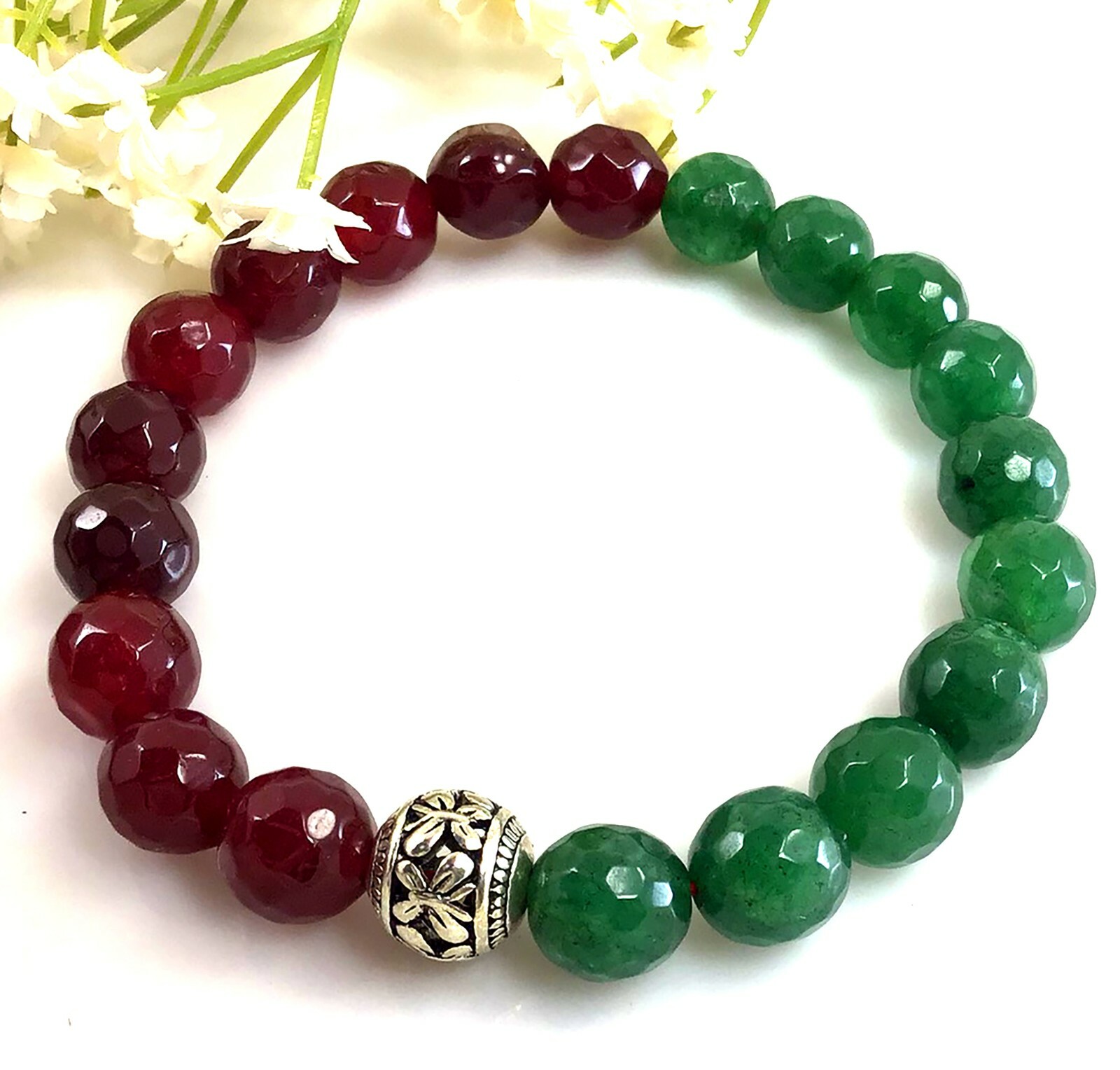 Jade Bracelet, Green and Red Jade Bracelet, healing gemstone stretchy for women