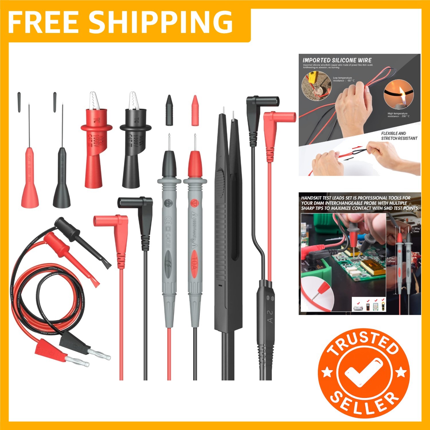 Electrical Multimeter  Leads Set with Alligator Clips  Hook  Probes Lead Prof...