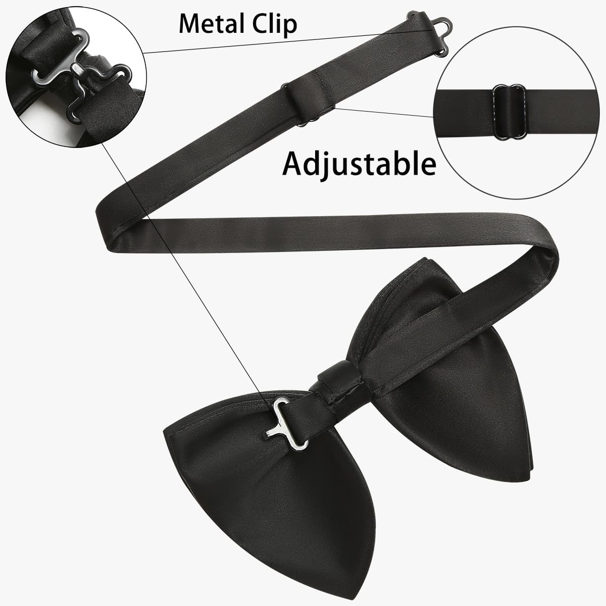 Men Black Satin Velvet Oversized Pre Tied Bow Tie Cufflinks Pocket Square Flower
